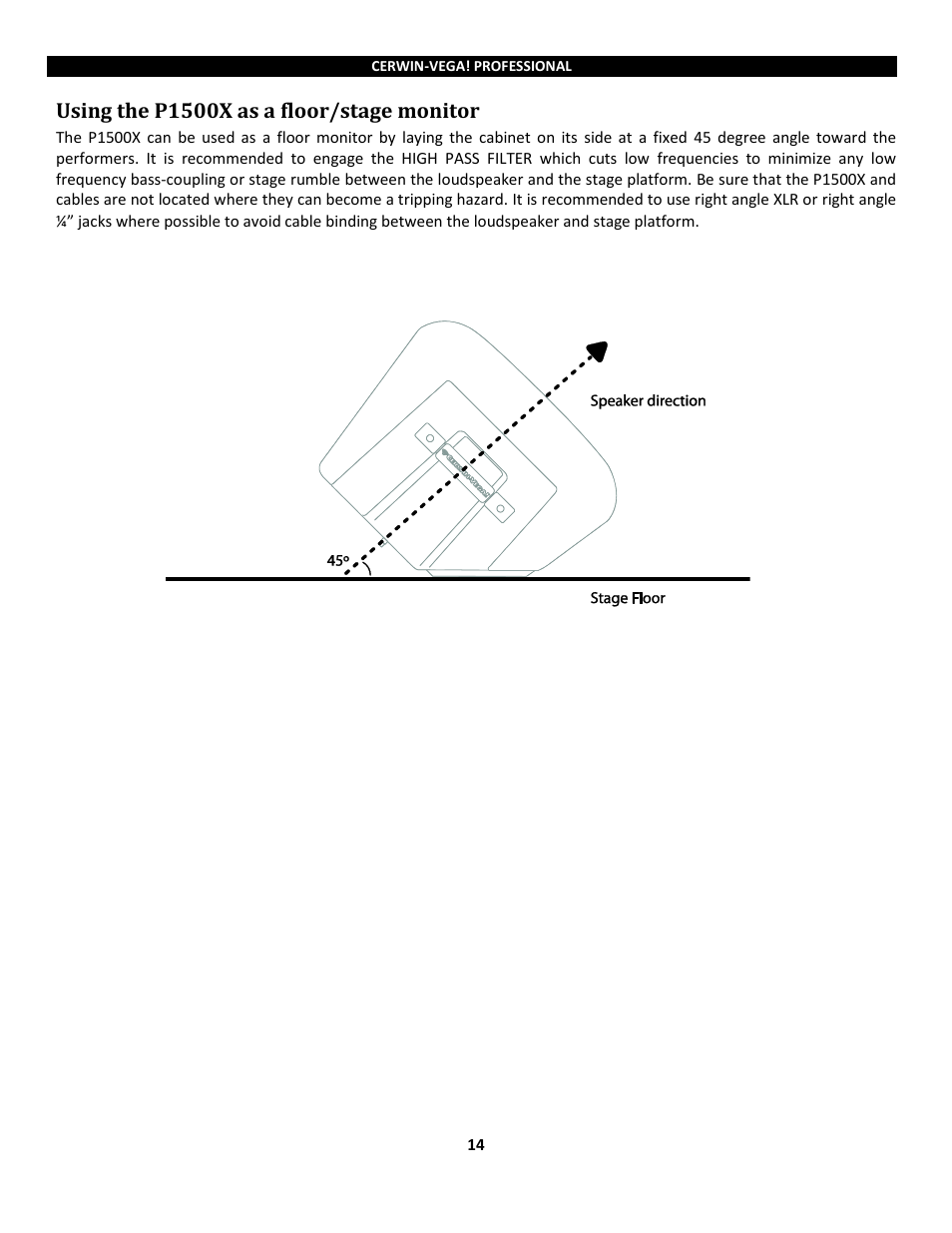 Using the p1500x as a floor/stage monitor | Cerwin-Vega Powered Loudspeakers P1800SX User Manual | Page 14 / 34