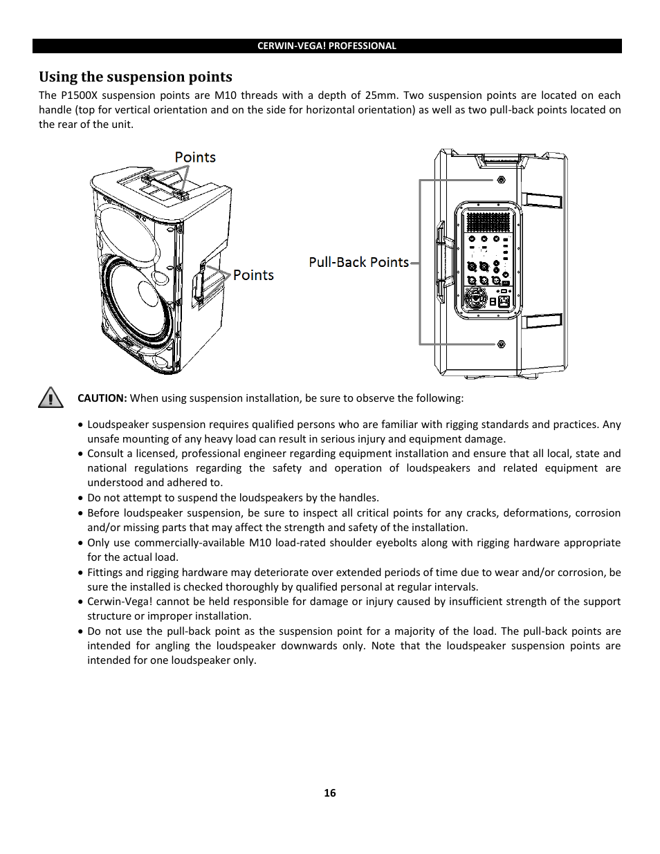 Using the suspension points | Cerwin-Vega Powered Loudspeakers P1800SX User Manual | Page 16 / 34
