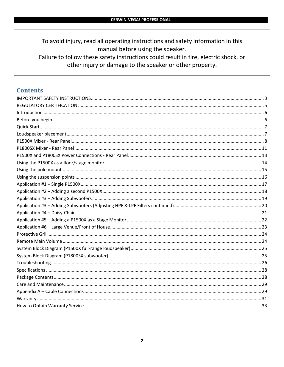 Cerwin-Vega Powered Loudspeakers P1800SX User Manual | Page 2 / 34