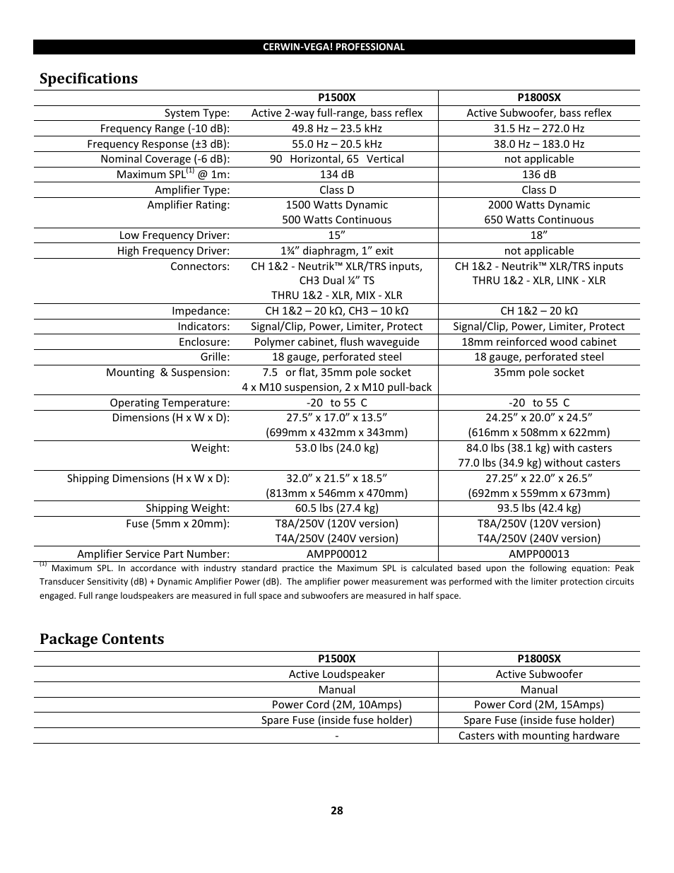 Specifications package contents, Specifications, Package contents | Cerwin-Vega Powered Loudspeakers P1800SX User Manual | Page 28 / 34