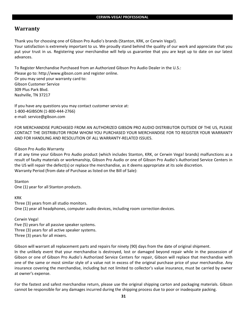 Warranty | Cerwin-Vega Powered Loudspeakers P1800SX User Manual | Page 31 / 34