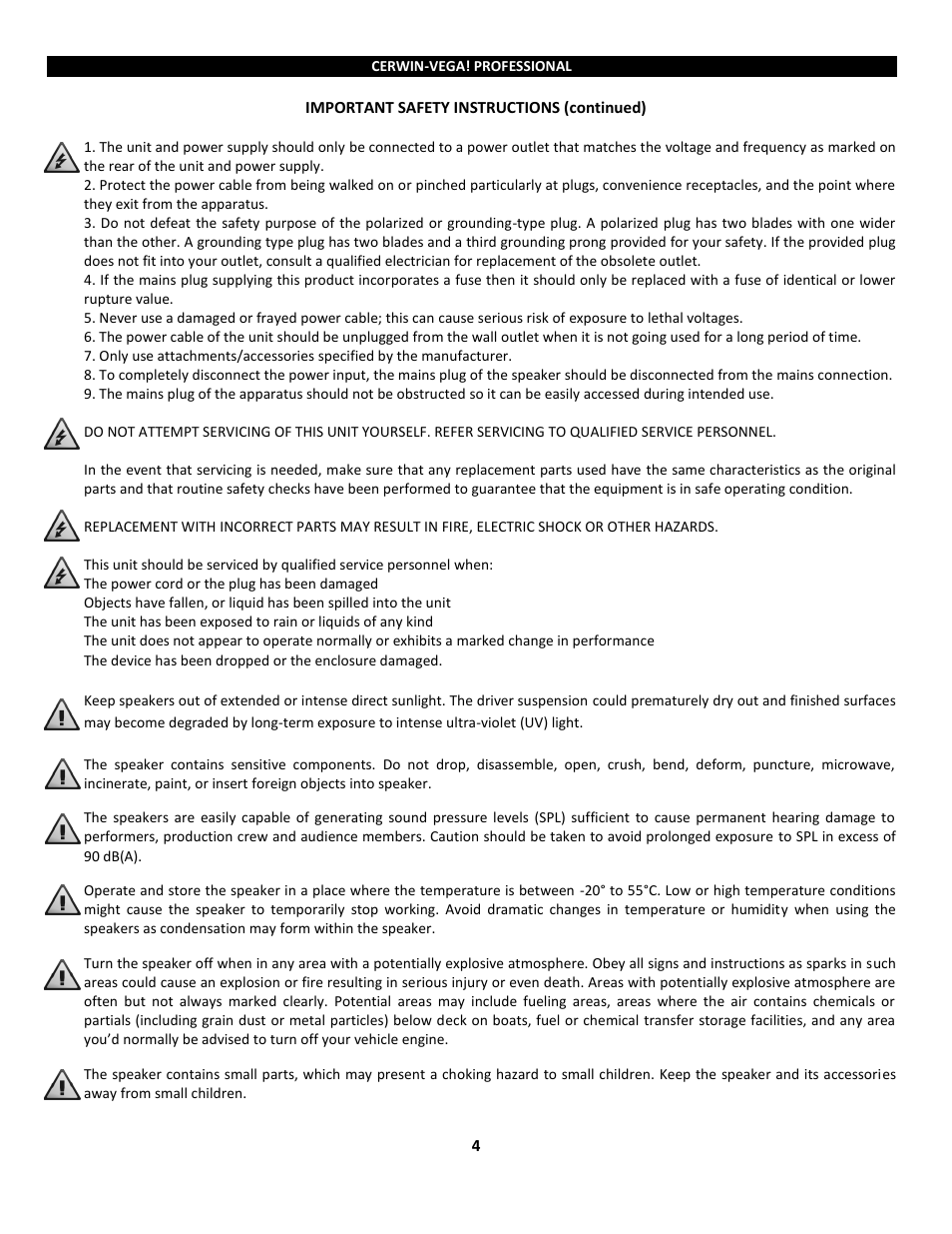 Cerwin-Vega Powered Loudspeakers P1800SX User Manual | Page 4 / 34