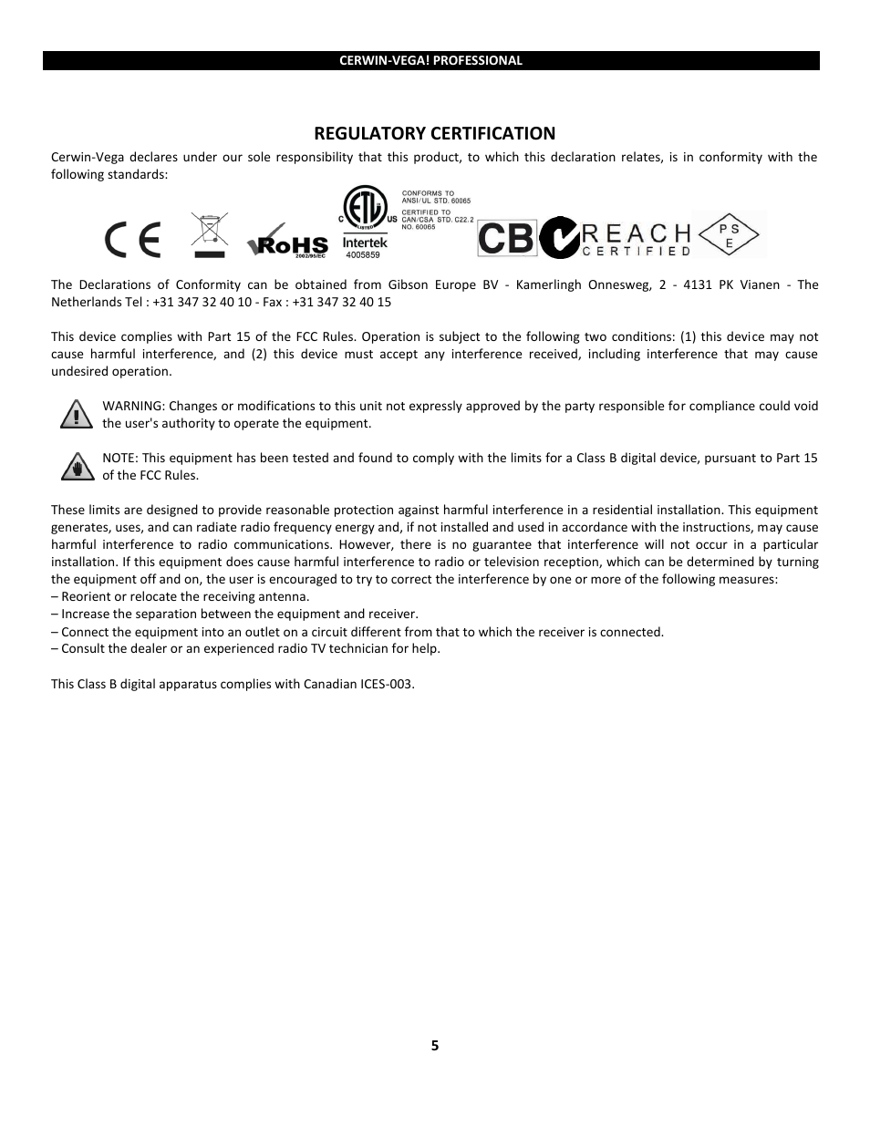 Regulatory certification | Cerwin-Vega Powered Loudspeakers P1800SX User Manual | Page 5 / 34