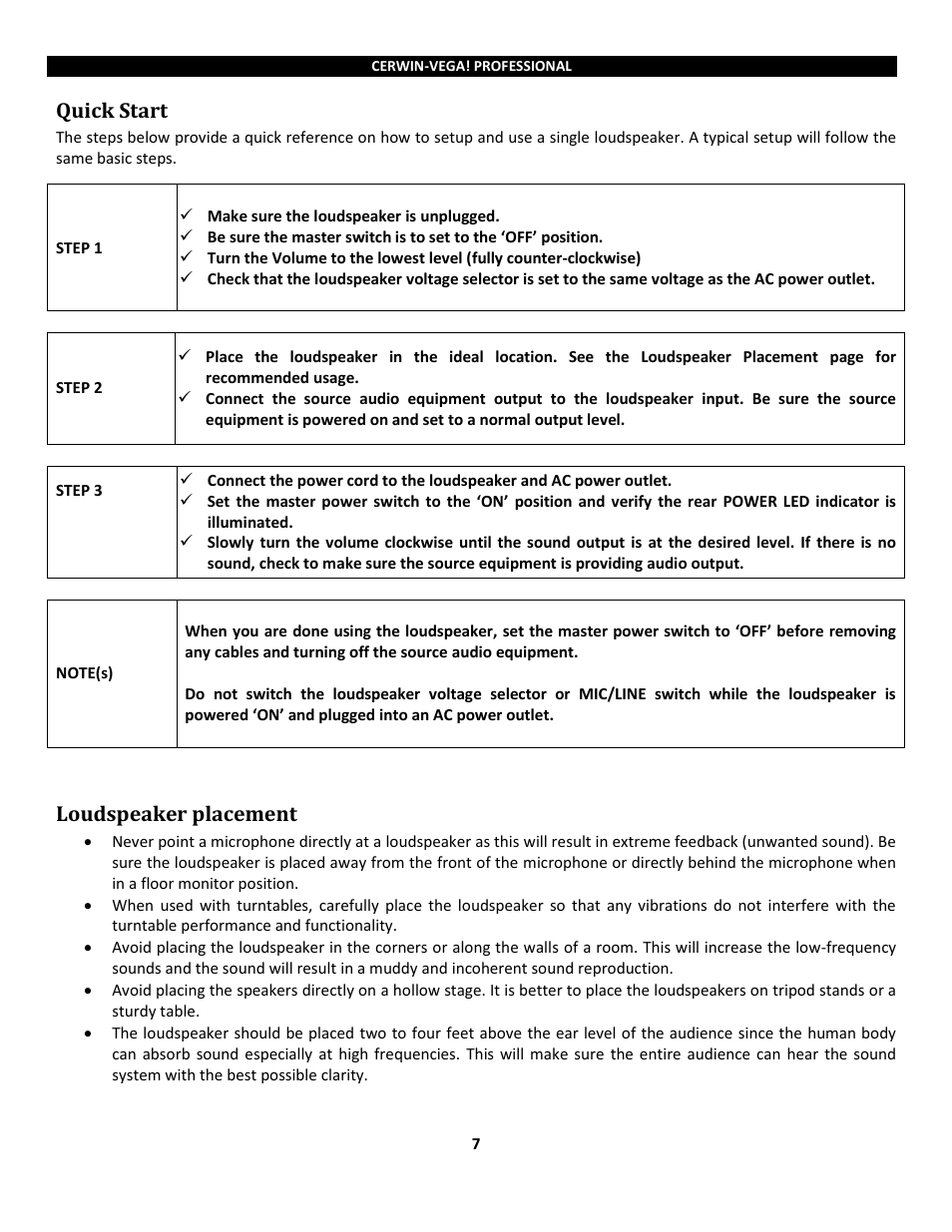 Quick start loudspeaker placement, Quick start, Loudspeaker placement | Cerwin-Vega Powered Loudspeakers P1800SX User Manual | Page 7 / 34