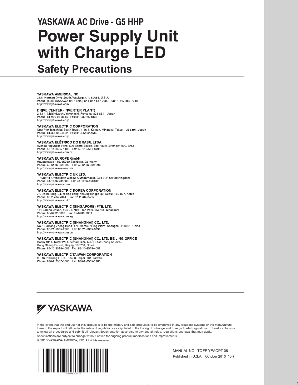Power supply unit with charge led, Safety precautions, Yaskawa ac drive - g5 hhp | Yaskawa EUS61501X User Manual | Page 16 / 16