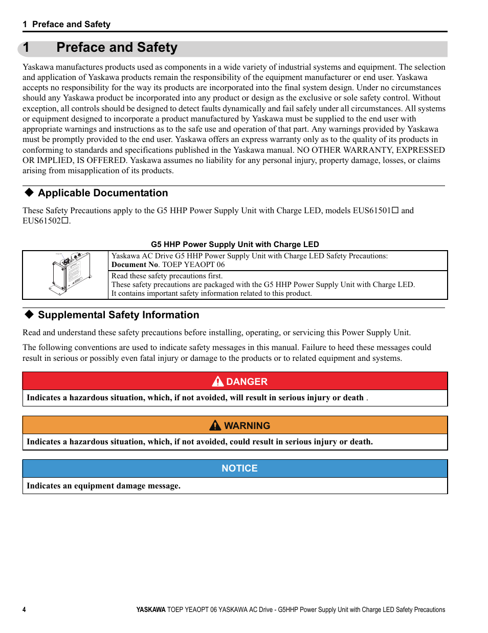 1 preface and safety, Applicable documentation, Supplemental safety information | Preface and safety, 1preface and safety, Danger, W arning, Notice | Yaskawa EUS61501X User Manual | Page 4 / 16