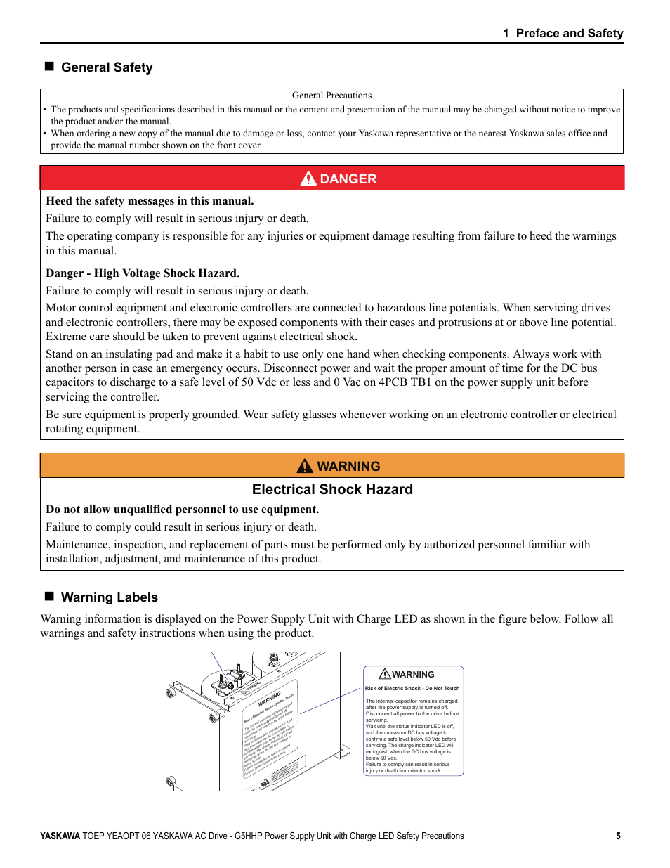 Electrical shock hazard, General safety, Warning labels | Danger, W arning, 1 preface and safety | Yaskawa EUS61501X User Manual | Page 5 / 16