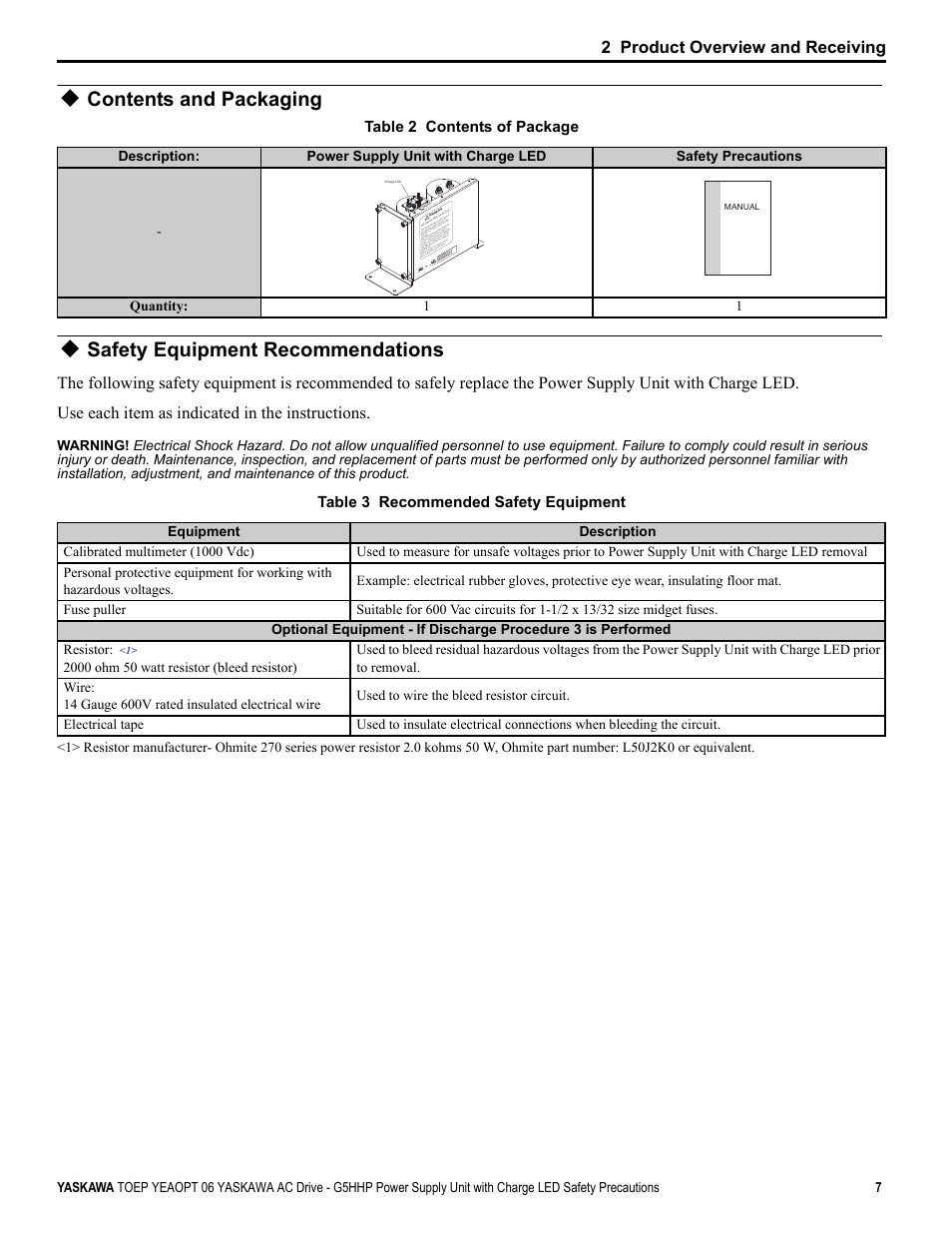 Contents and packaging, Safety equipment recommendations, 2 product overview and receiving | Yaskawa EUS61501X User Manual | Page 7 / 16