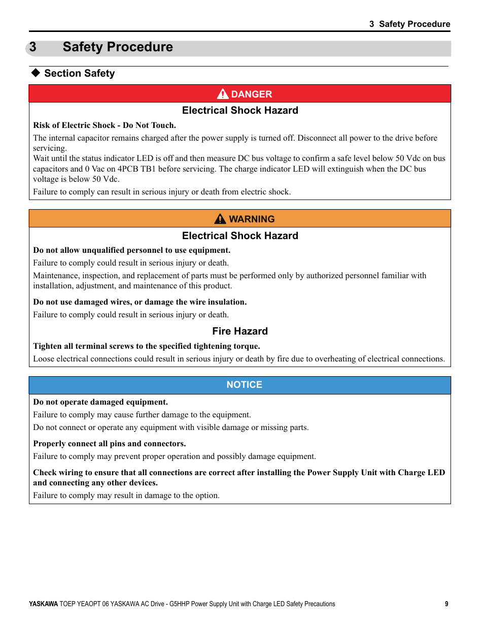 3 safety procedure, Section safety, Safety procedure | 3safety procedure | Yaskawa EUS61501X User Manual | Page 9 / 16