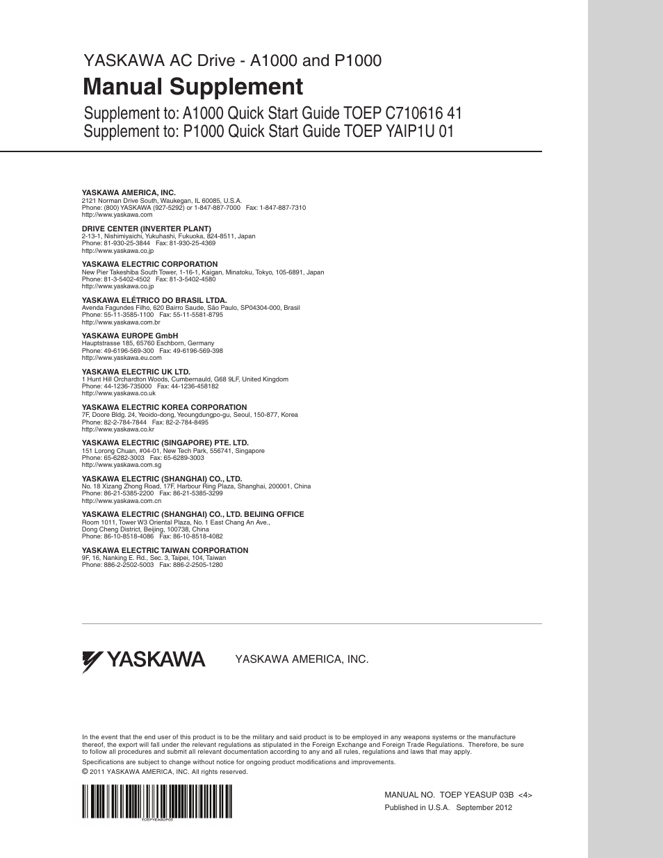 Manual supplement, Yaskawa america, inc | Yaskawa AC Drive-A1000 User Manual | Page 40 / 40