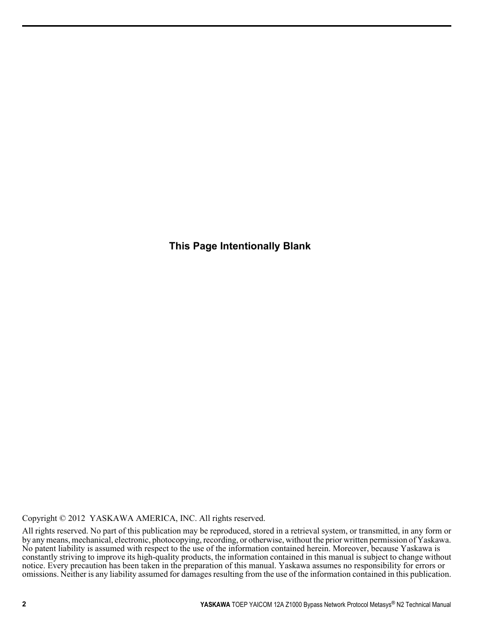 This page intentionally blank | Yaskawa Metasys N2 User Manual | Page 2 / 24