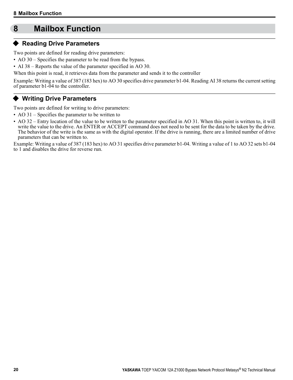 Mailbox function, Reading drive parameters, Writing drive parameters | 8mailbox function | Yaskawa Metasys N2 User Manual | Page 20 / 24