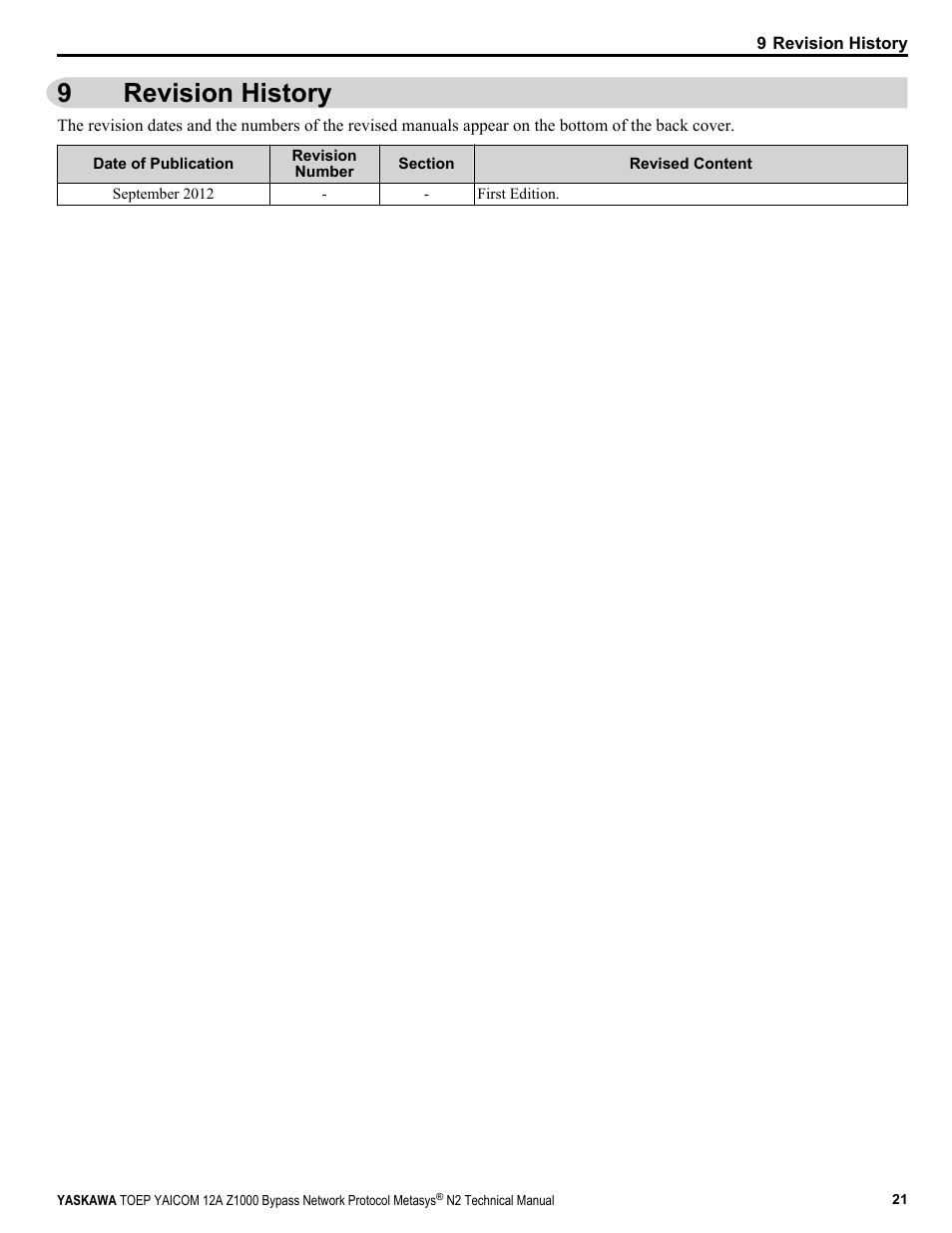 Revision history, 9revision history | Yaskawa Metasys N2 User Manual | Page 21 / 24