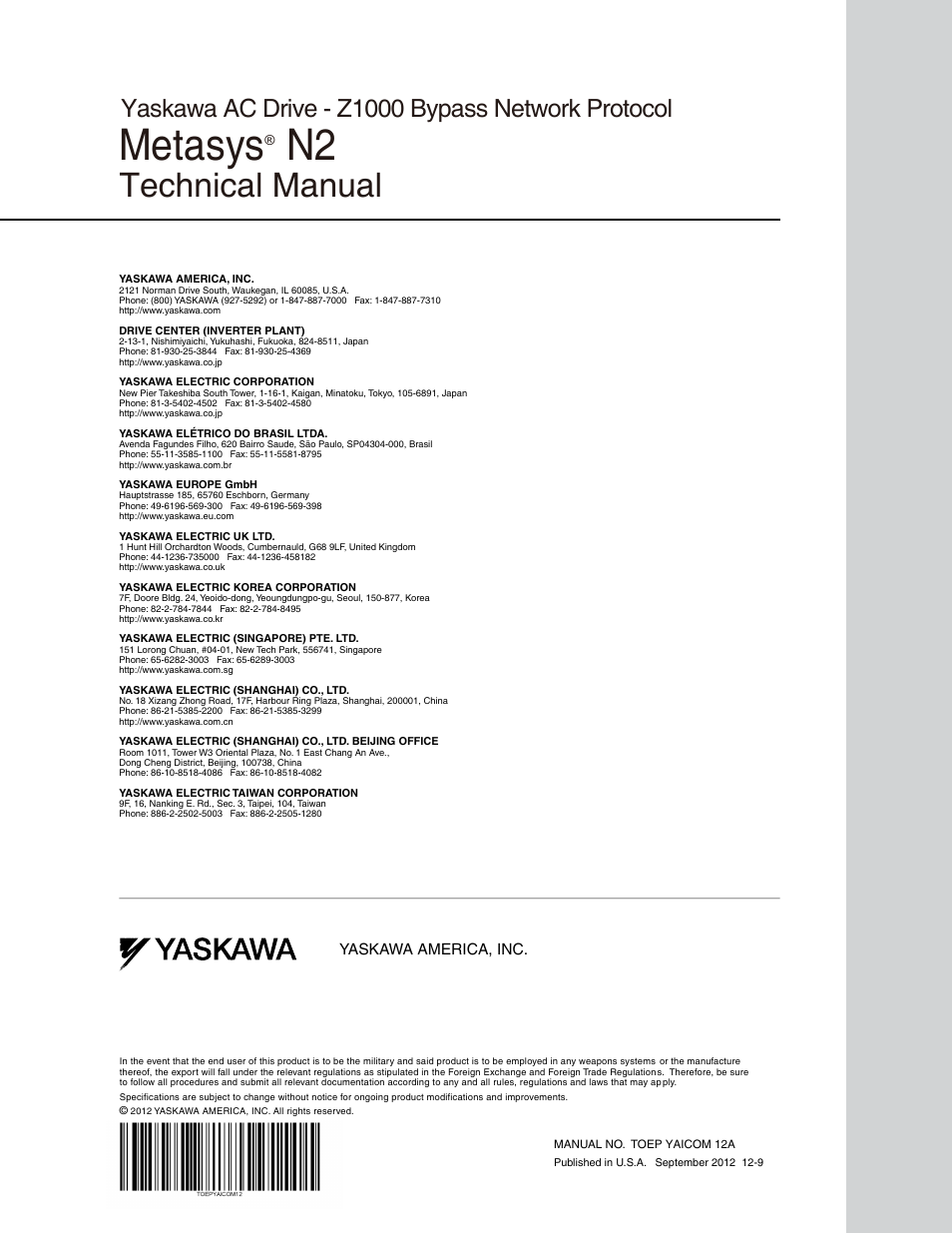 Metasys n2, Technical manual, Yaskawa ac drive - z1000 bypass network protocol | Yaskawa america, inc | Yaskawa Metasys N2 User Manual | Page 24 / 24