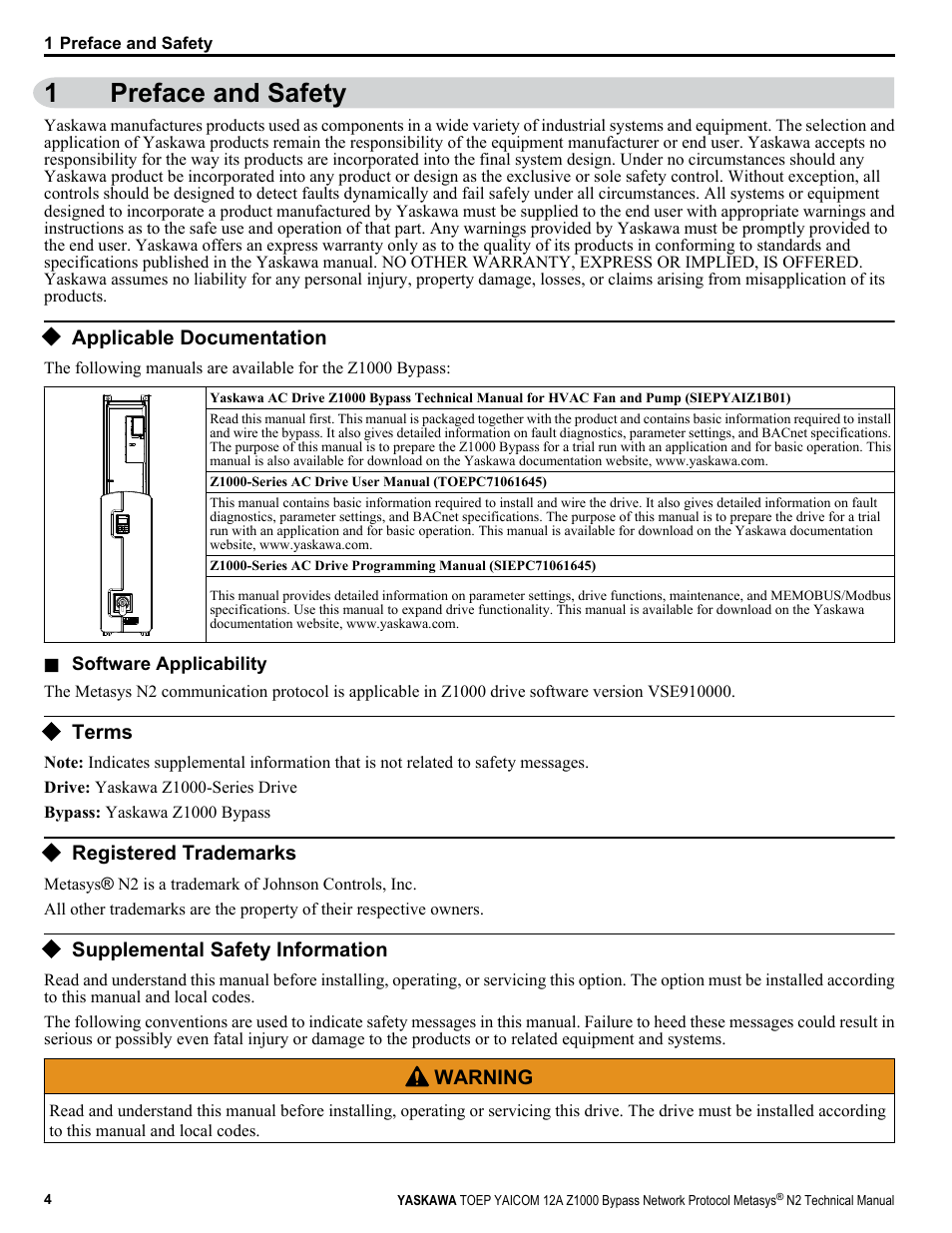 Preface and safety, Applicable documentation, Terms | Registered trademarks, Supplemental safety information, 1preface and safety | Yaskawa Metasys N2 User Manual | Page 4 / 24