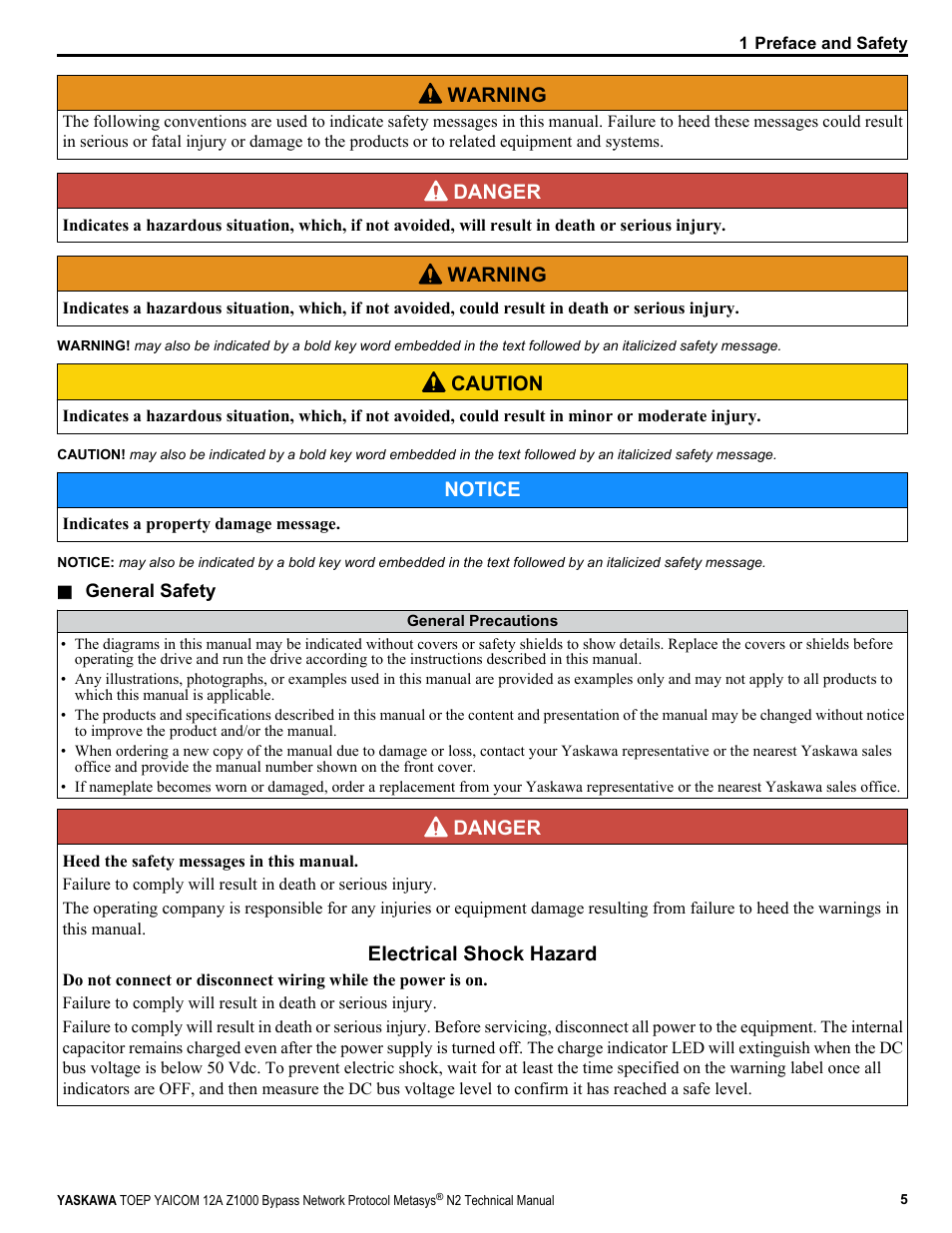 Warning, Danger, Caution | Notice, Electrical shock hazard | Yaskawa Metasys N2 User Manual | Page 5 / 24