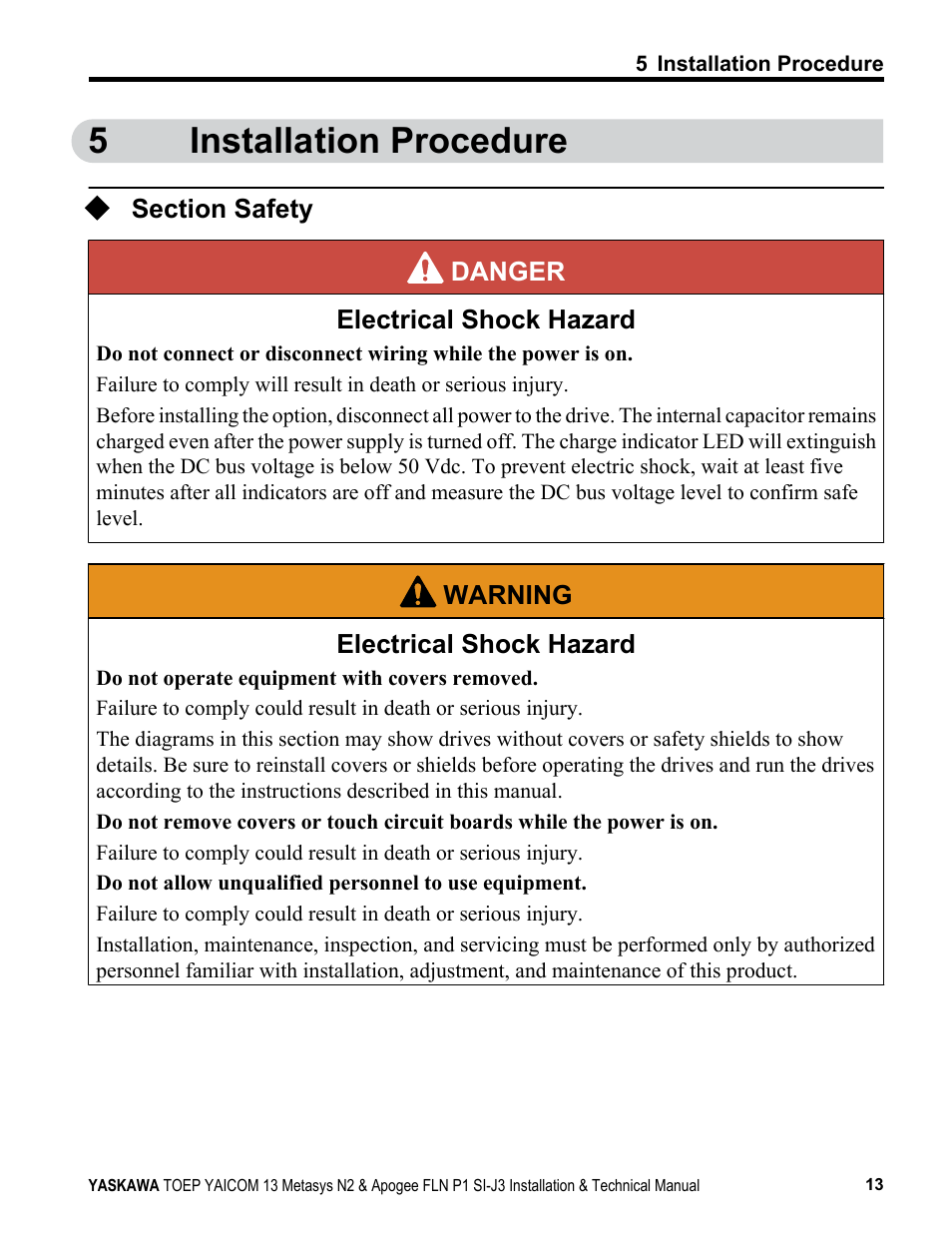 Installation procedure, Section safety, 5installation procedure | Yaskawa APOGEE FLN P1 User Manual | Page 13 / 56