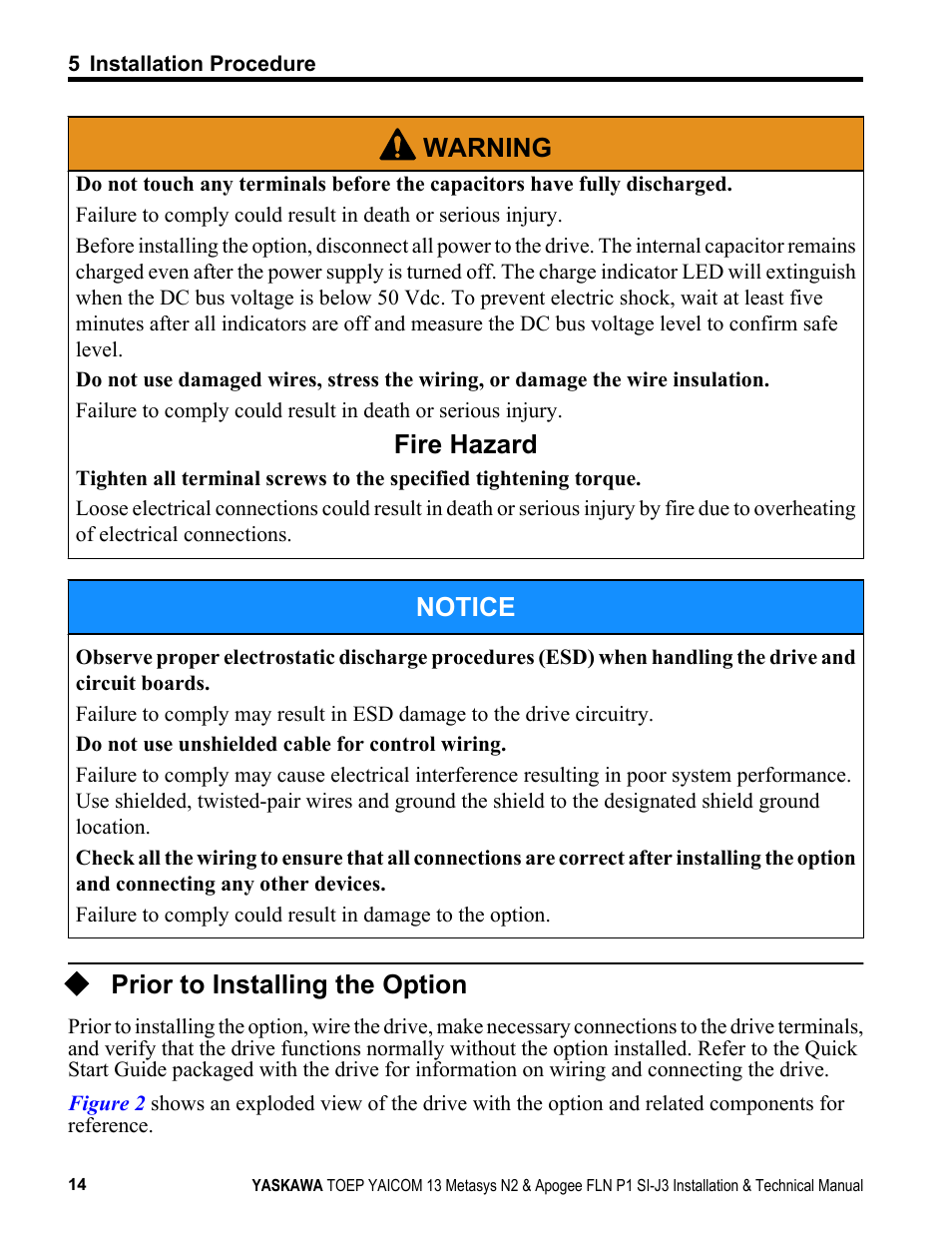 Prior to installing the option, Warning, Fire hazard | Notice | Yaskawa APOGEE FLN P1 User Manual | Page 14 / 56