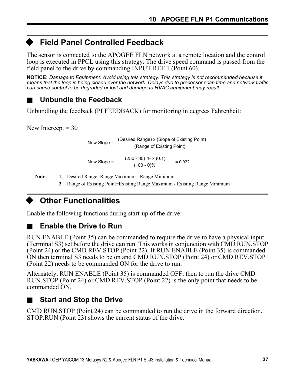 Field panel controlled feedback, Other functionalities, Unbundle the feedback | Enable the drive to run, Start and stop the drive | Yaskawa APOGEE FLN P1 User Manual | Page 37 / 56
