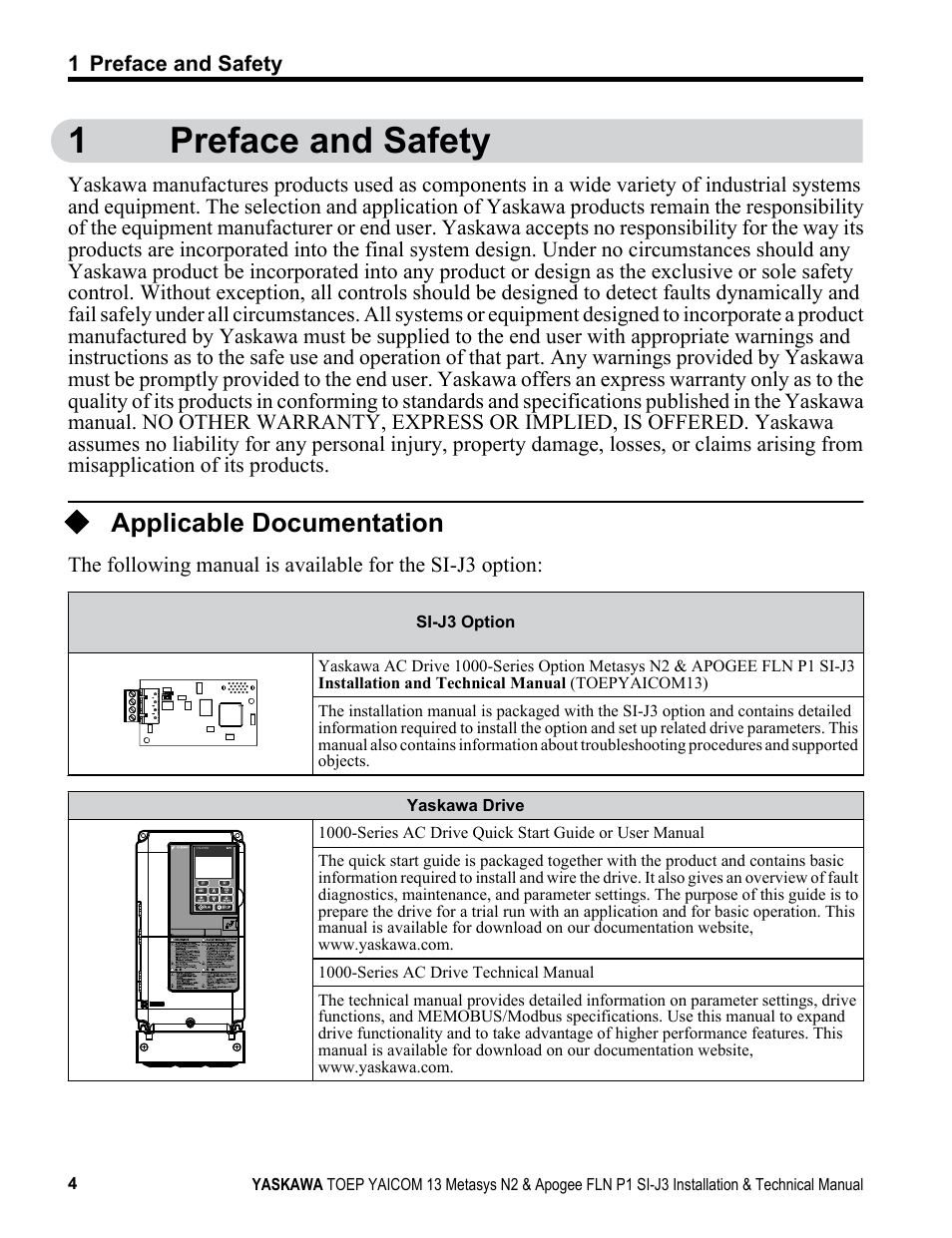 Preface and safety, Applicable documentation, 1preface and safety | Yaskawa APOGEE FLN P1 User Manual | Page 4 / 56
