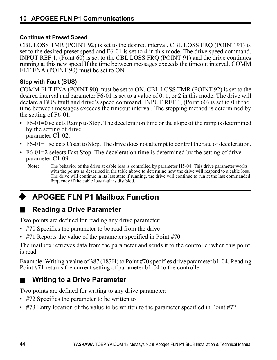 Apogee fln p1 mailbox function | Yaskawa APOGEE FLN P1 User Manual | Page 44 / 56
