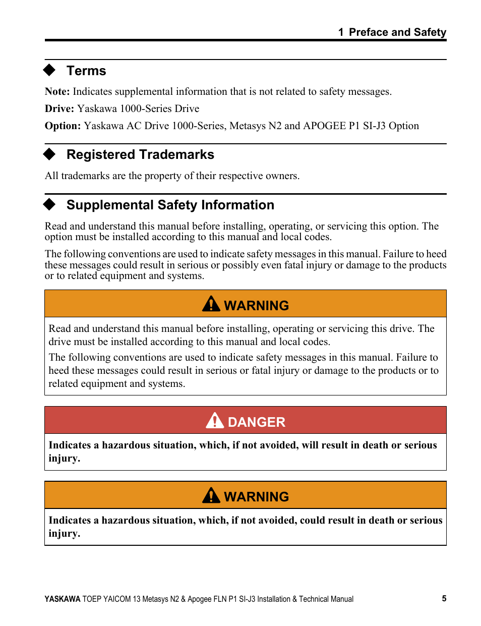 Terms, Registered trademarks, Supplemental safety information | Yaskawa APOGEE FLN P1 User Manual | Page 5 / 56