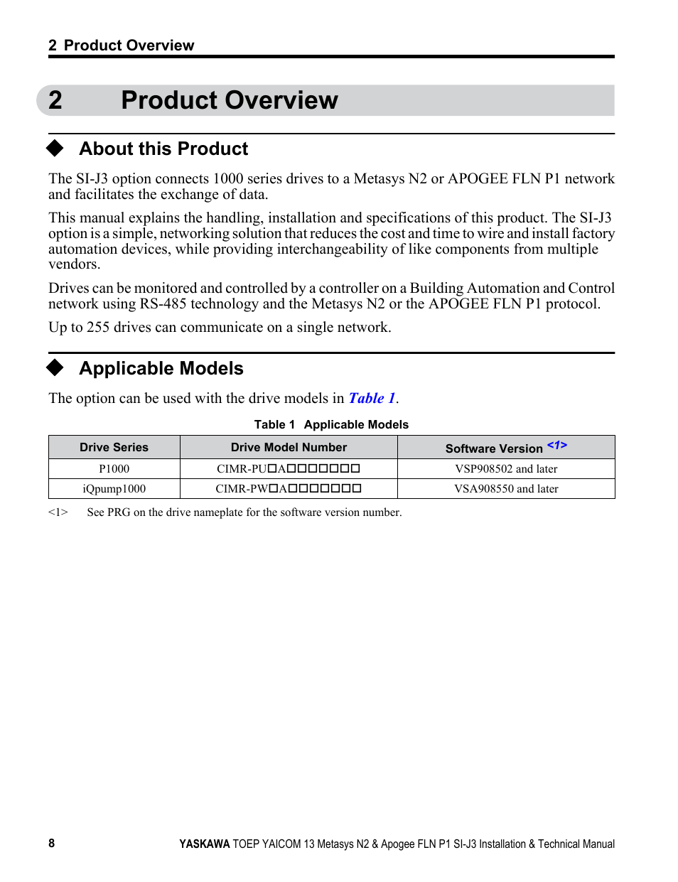 Product overview, About this product, Applicable models | 2product overview | Yaskawa APOGEE FLN P1 User Manual | Page 8 / 56
