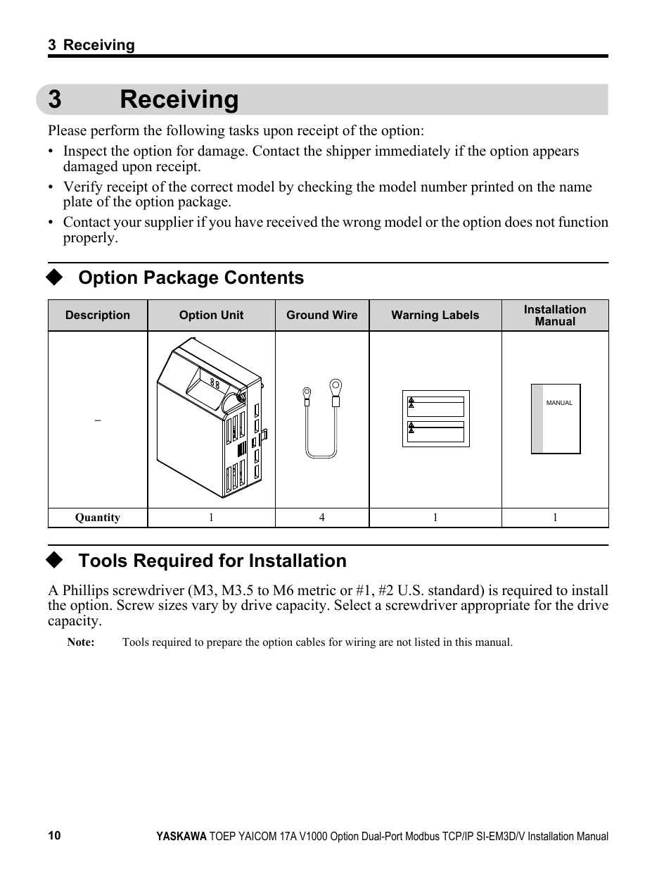 Receiving, Option package contents, Tools required for installation | 3receiving | Yaskawa Modbus TCP/IP SI-EM3D/V User Manual | Page 10 / 56