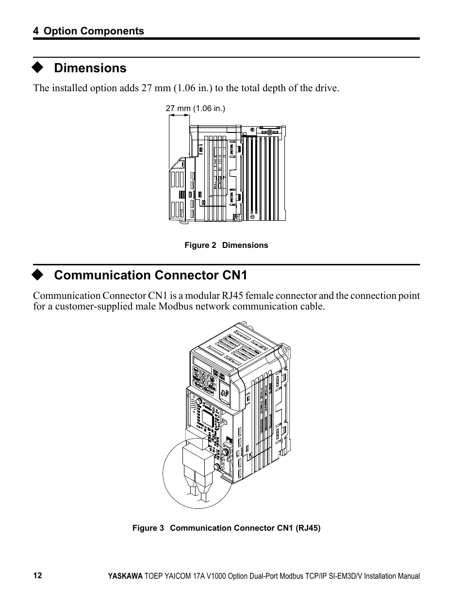 Dimensions, Communication connector cn1 | Yaskawa Modbus TCP/IP SI-EM3D/V User Manual | Page 12 / 56