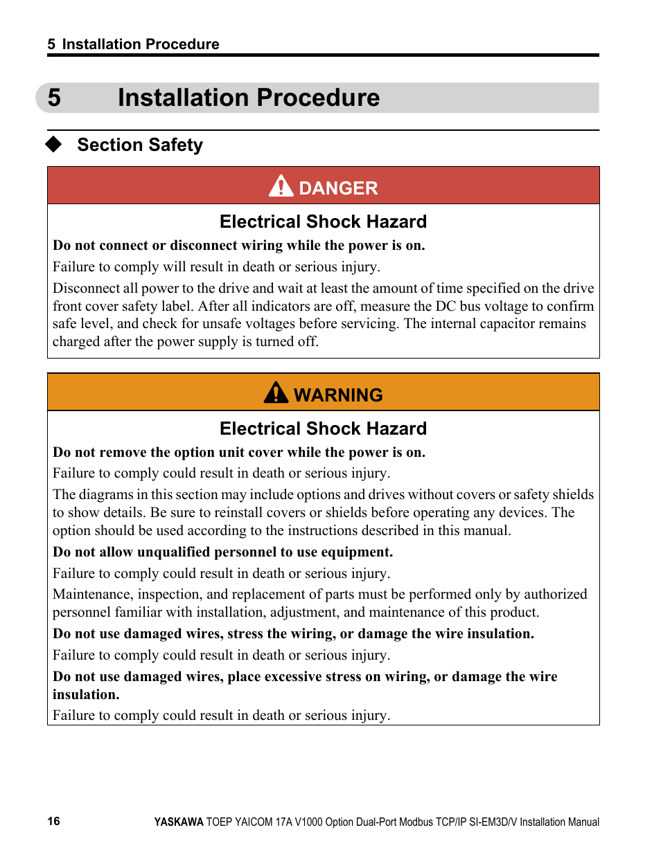 Installation procedure, Section safety, 5installation procedure | Yaskawa Modbus TCP/IP SI-EM3D/V User Manual | Page 16 / 56