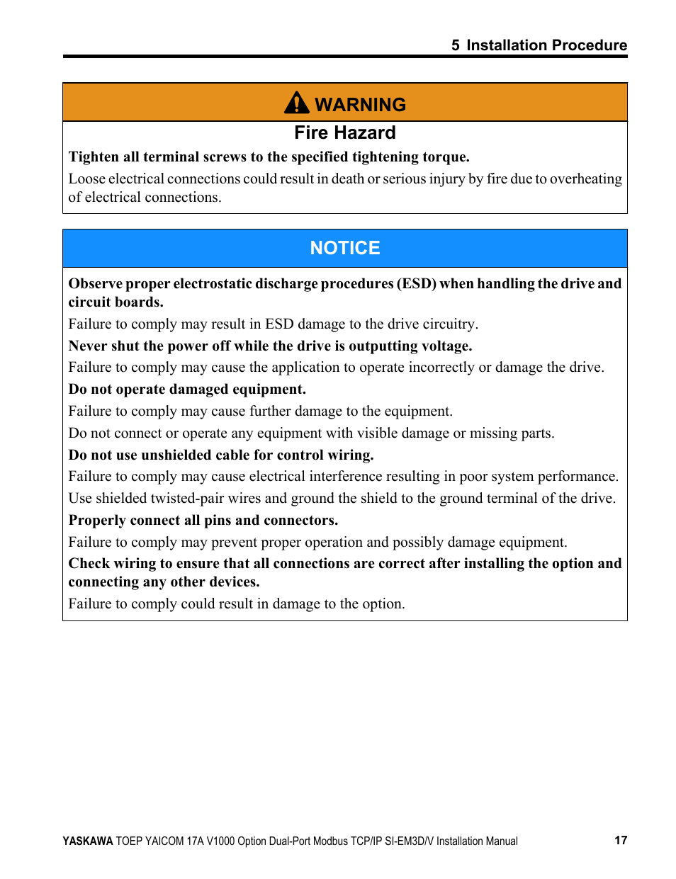 Warning fire hazard, Notice | Yaskawa Modbus TCP/IP SI-EM3D/V User Manual | Page 17 / 56