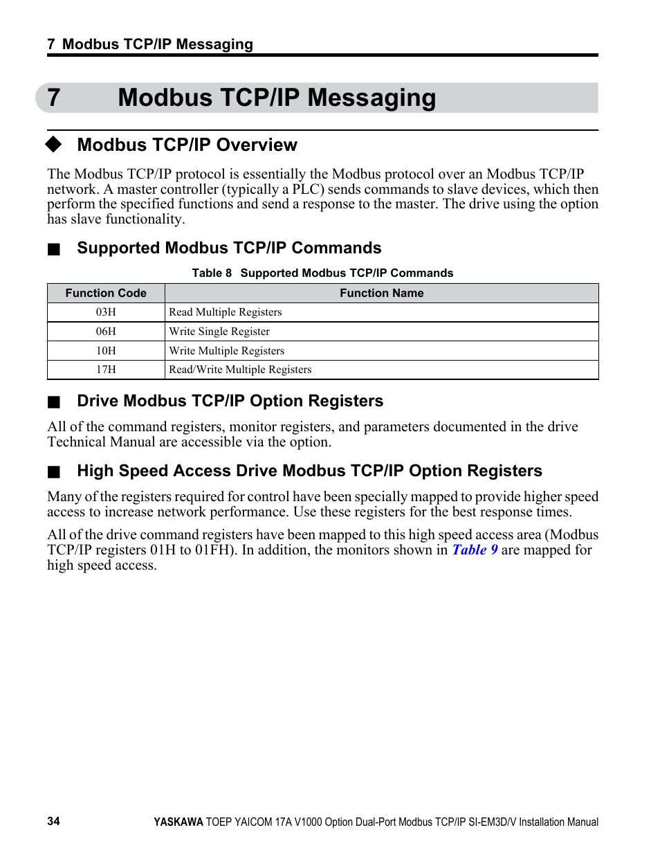 Modbus tcp/ip messaging, Modbus tcp/ip overview, 7modbus tcp/ip messaging | Yaskawa Modbus TCP/IP SI-EM3D/V User Manual | Page 34 / 56