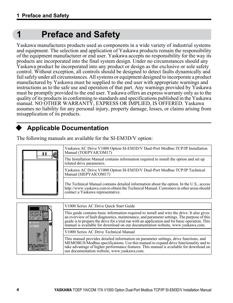 Preface and safety, Applicable documentation, 1preface and safety | Yaskawa Modbus TCP/IP SI-EM3D/V User Manual | Page 4 / 56