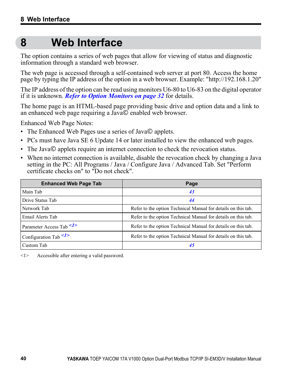 Web interface, 8web interface | Yaskawa Modbus TCP/IP SI-EM3D/V User Manual | Page 40 / 56