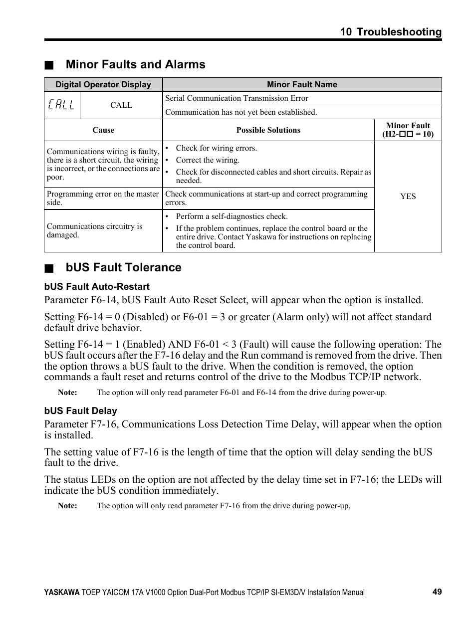 Minor faults and alarms, Bus fault tolerance | Yaskawa Modbus TCP/IP SI-EM3D/V User Manual | Page 49 / 56