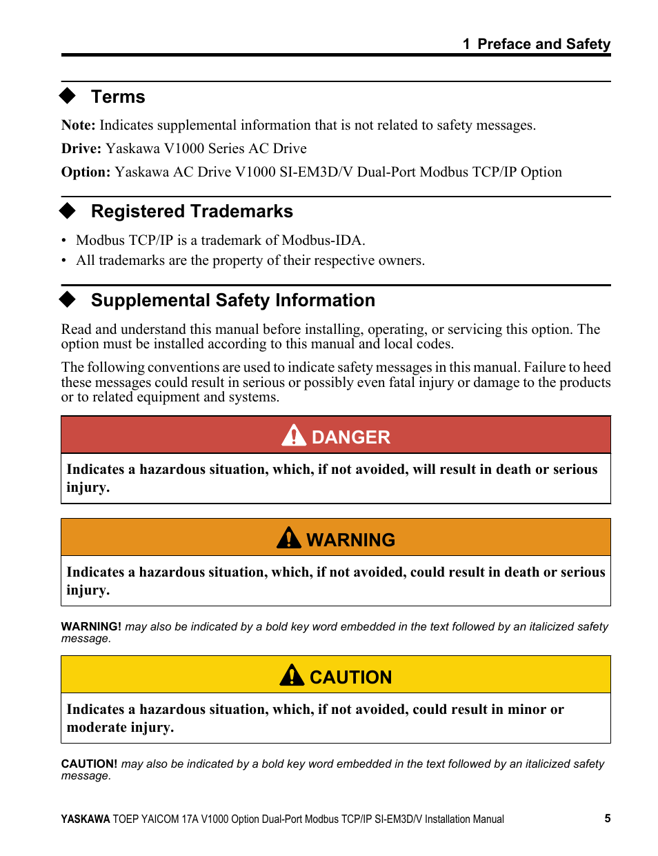 Terms, Registered trademarks, Supplemental safety information | Danger, Warning, Caution | Yaskawa Modbus TCP/IP SI-EM3D/V User Manual | Page 5 / 56