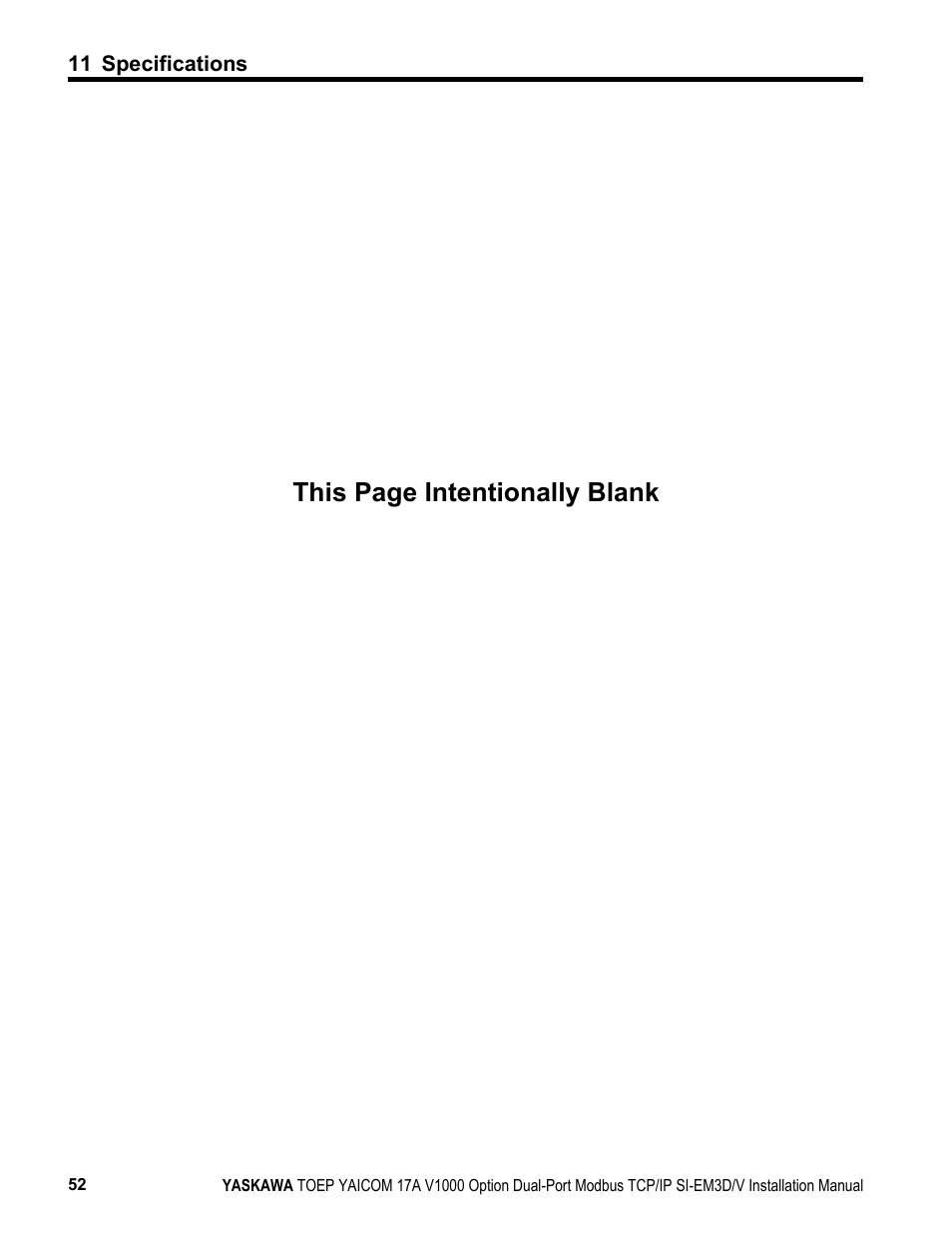 This page intentionally blank | Yaskawa Modbus TCP/IP SI-EM3D/V User Manual | Page 52 / 56