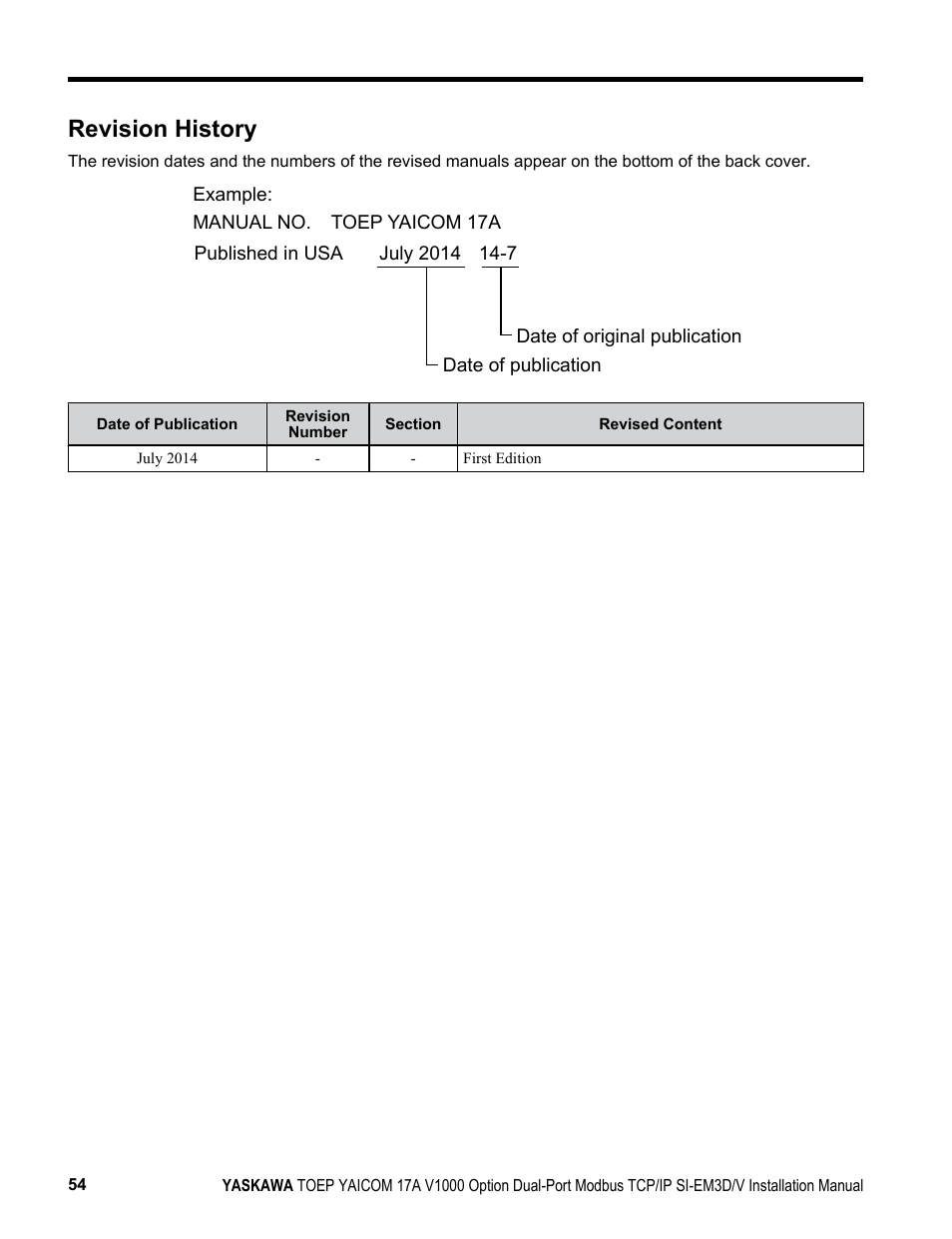 Revision history | Yaskawa Modbus TCP/IP SI-EM3D/V User Manual | Page 54 / 56