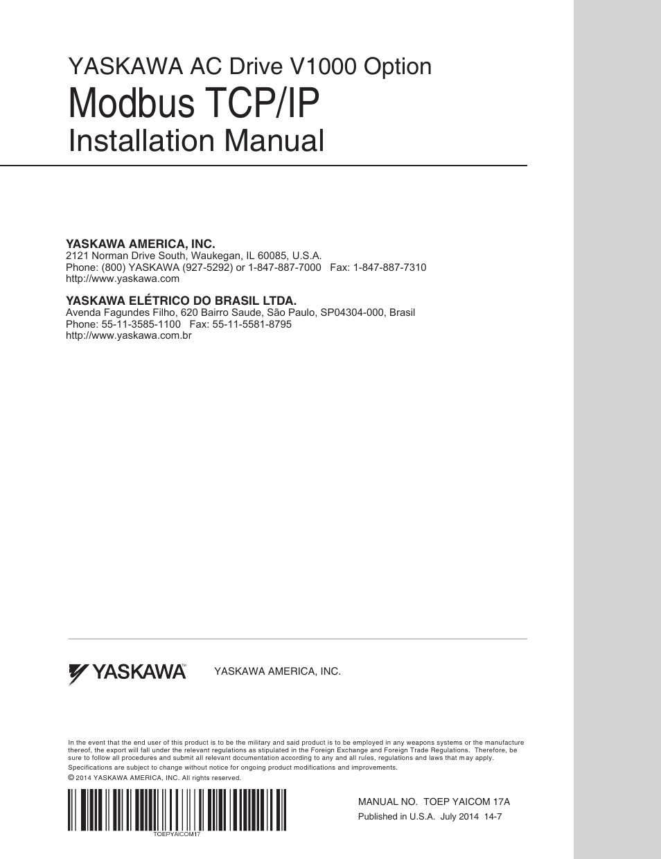 Modbus tcp/ip, Installation manual, Yaskawa ac drive v1000 option | Yaskawa Modbus TCP/IP SI-EM3D/V User Manual | Page 56 / 56