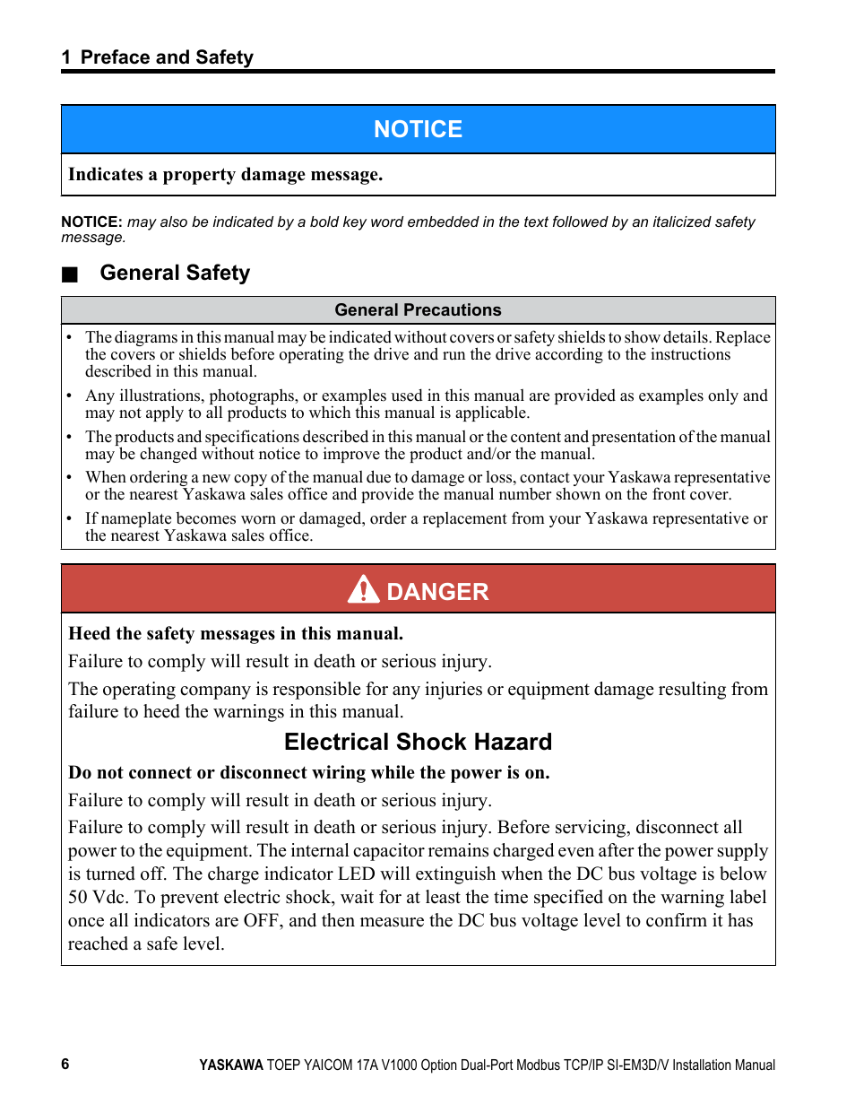 Notice, Danger, Electrical shock hazard | General safety | Yaskawa Modbus TCP/IP SI-EM3D/V User Manual | Page 6 / 56