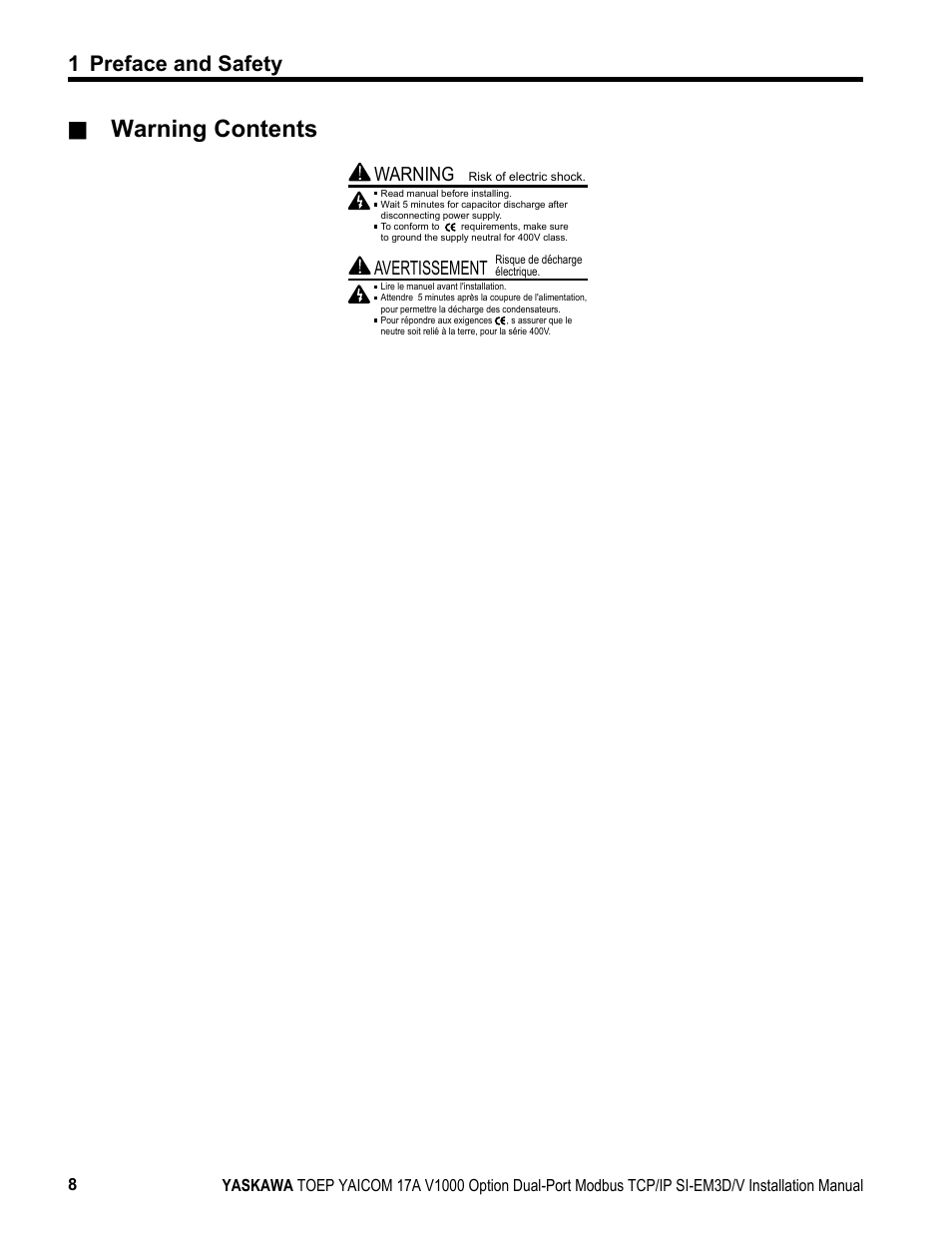 Warning contents, 1 preface and safety | Yaskawa Modbus TCP/IP SI-EM3D/V User Manual | Page 8 / 56