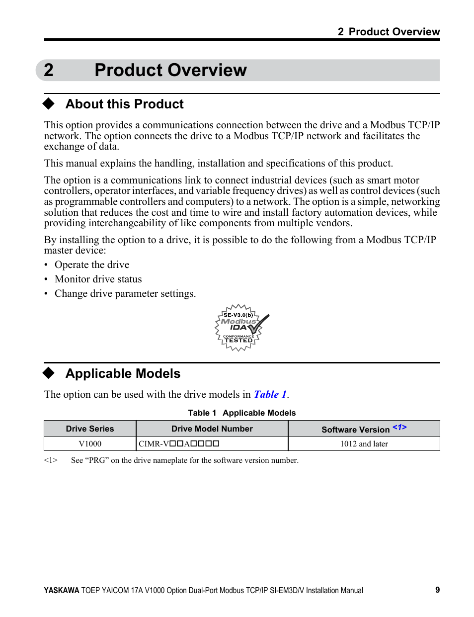 Product overview, About this product, Applicable models | 2product overview | Yaskawa Modbus TCP/IP SI-EM3D/V User Manual | Page 9 / 56