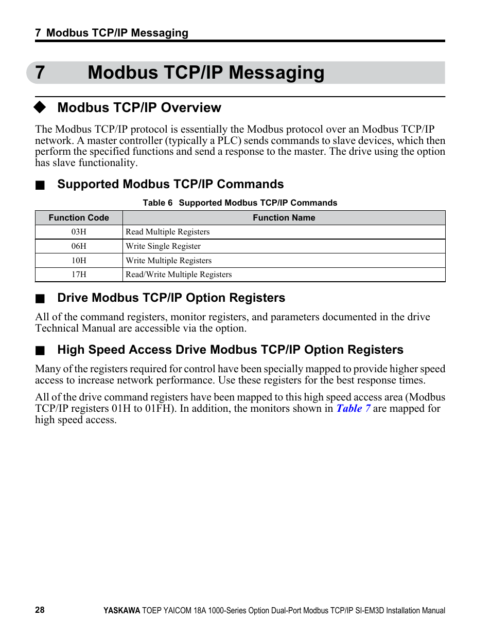 Modbus tcp/ip messaging, Modbus tcp/ip overview, 7modbus tcp/ip messaging | Yaskawa Modbus TCP/IP SI-EM3D User Manual | Page 28 / 52