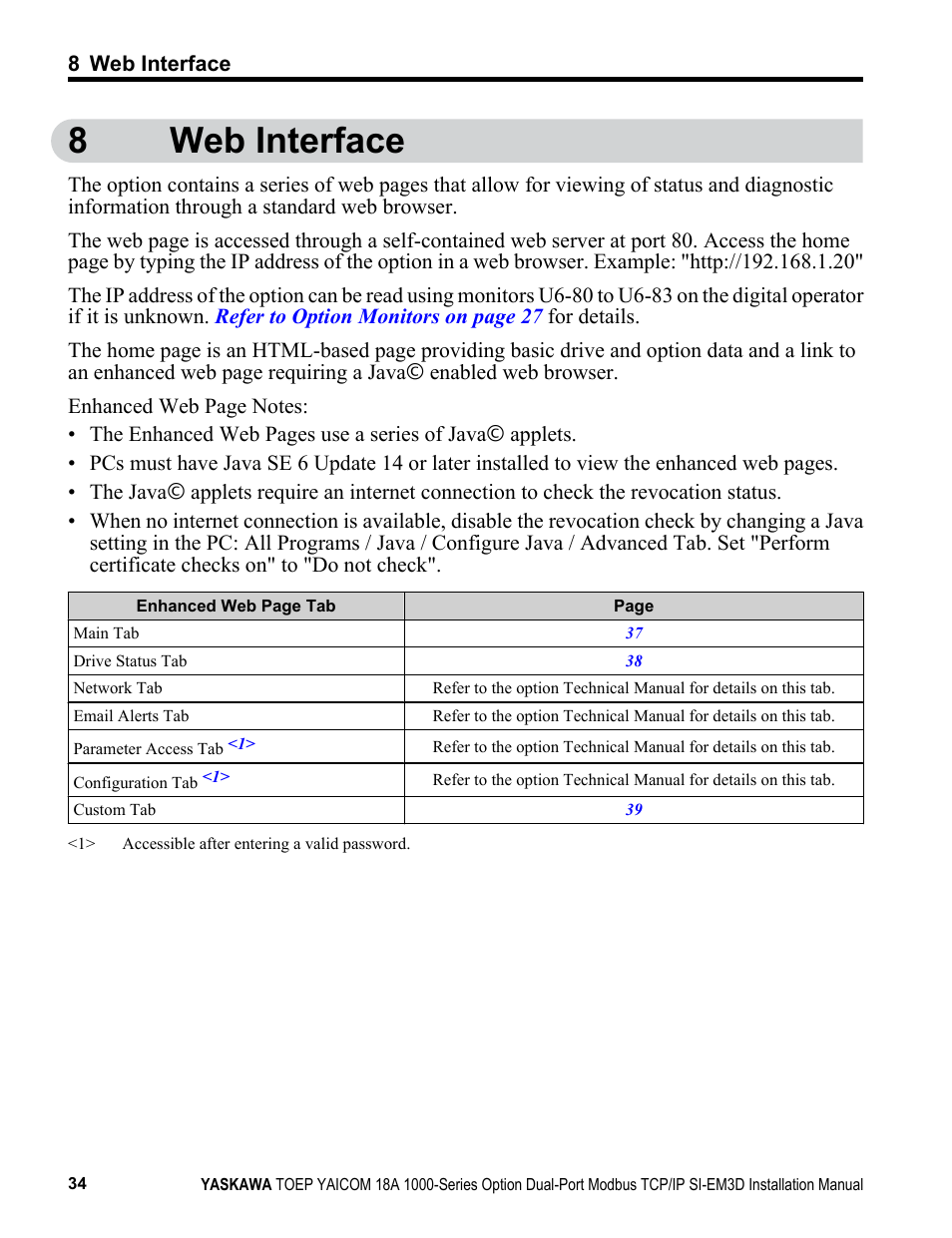 Web interface, 8web interface | Yaskawa Modbus TCP/IP SI-EM3D User Manual | Page 34 / 52