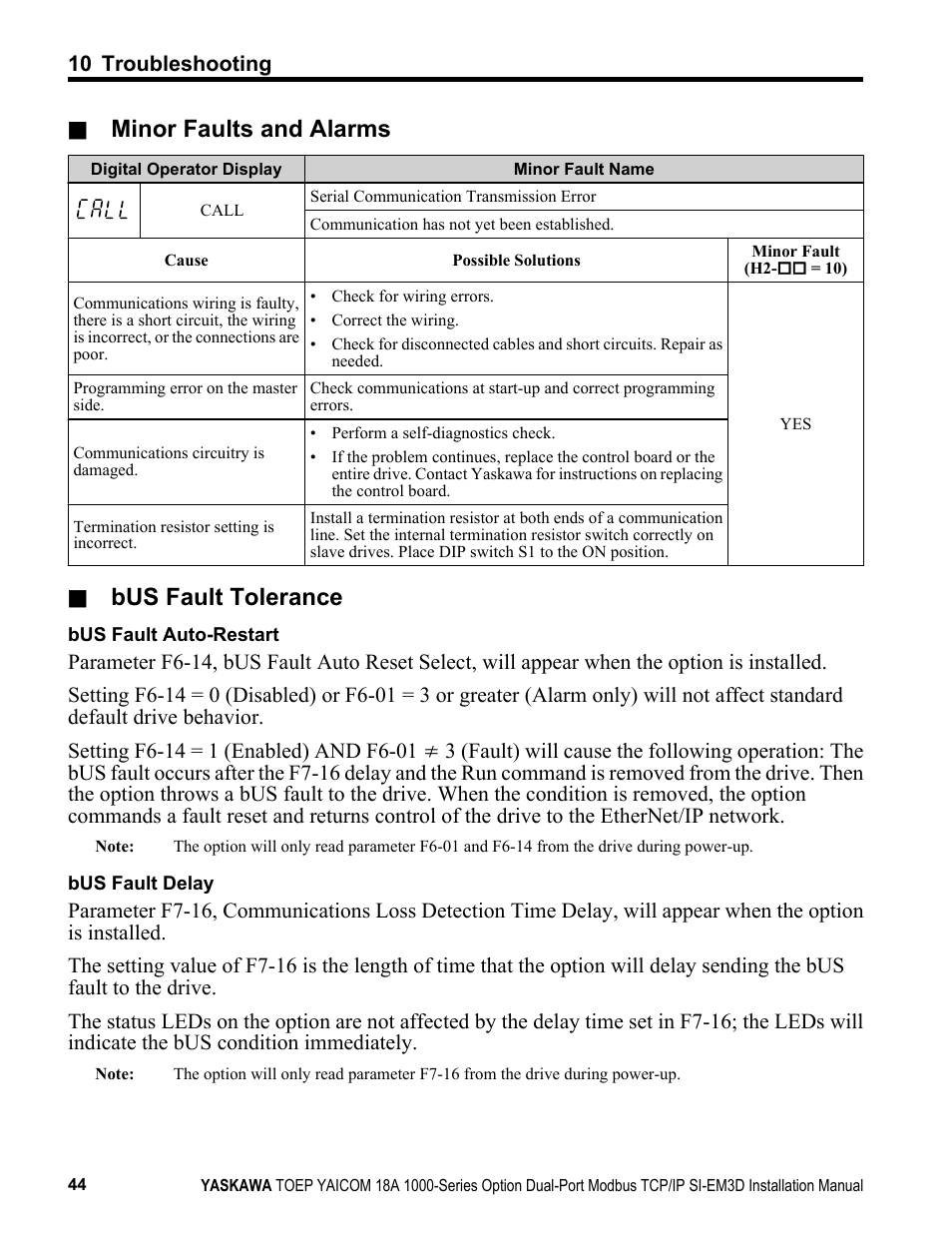 Minor faults and alarms, Bus fault tolerance | Yaskawa Modbus TCP/IP SI-EM3D User Manual | Page 44 / 52