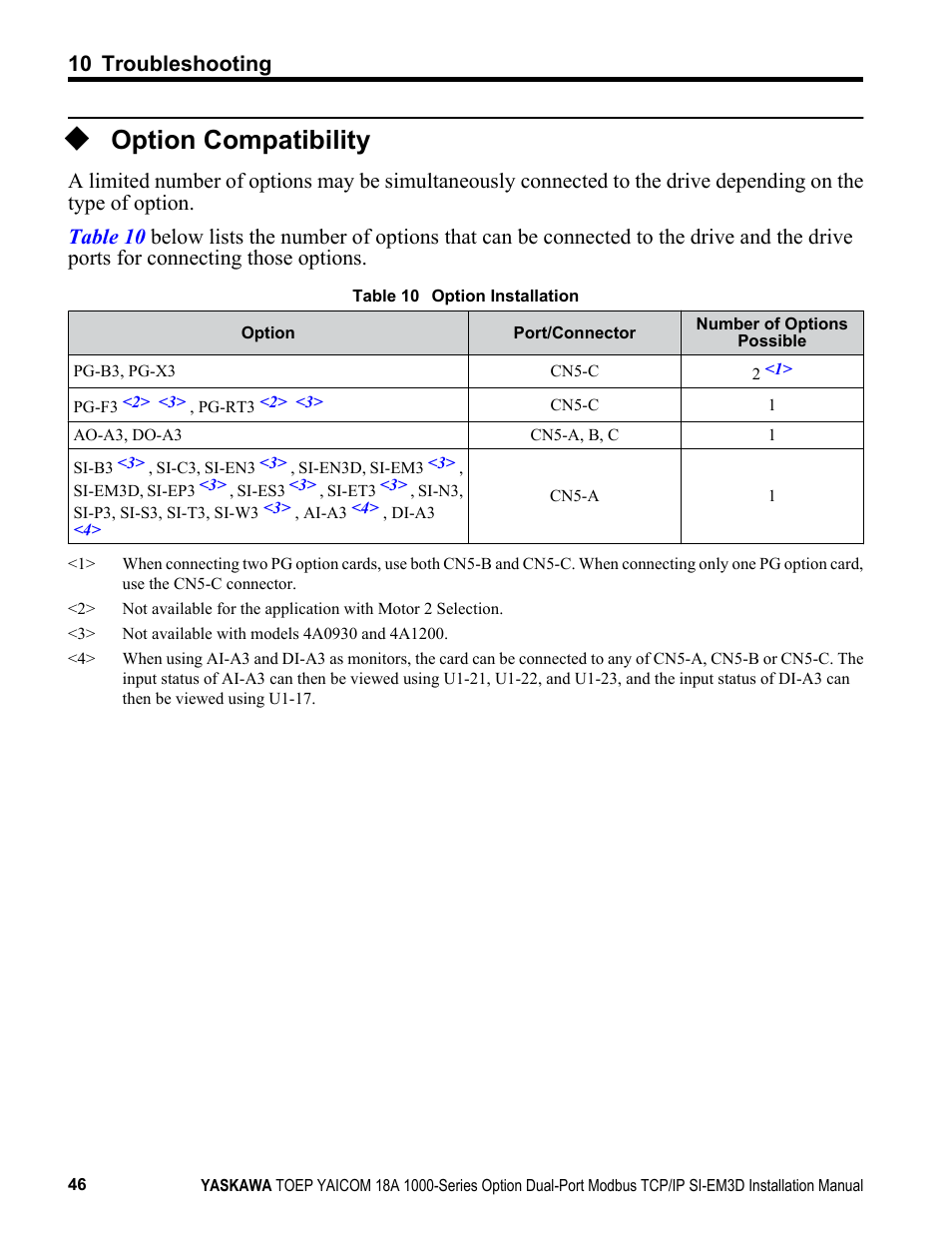 Option compatibility, For details. contact yaskawa for, 10 troubleshooting | Yaskawa Modbus TCP/IP SI-EM3D User Manual | Page 46 / 52