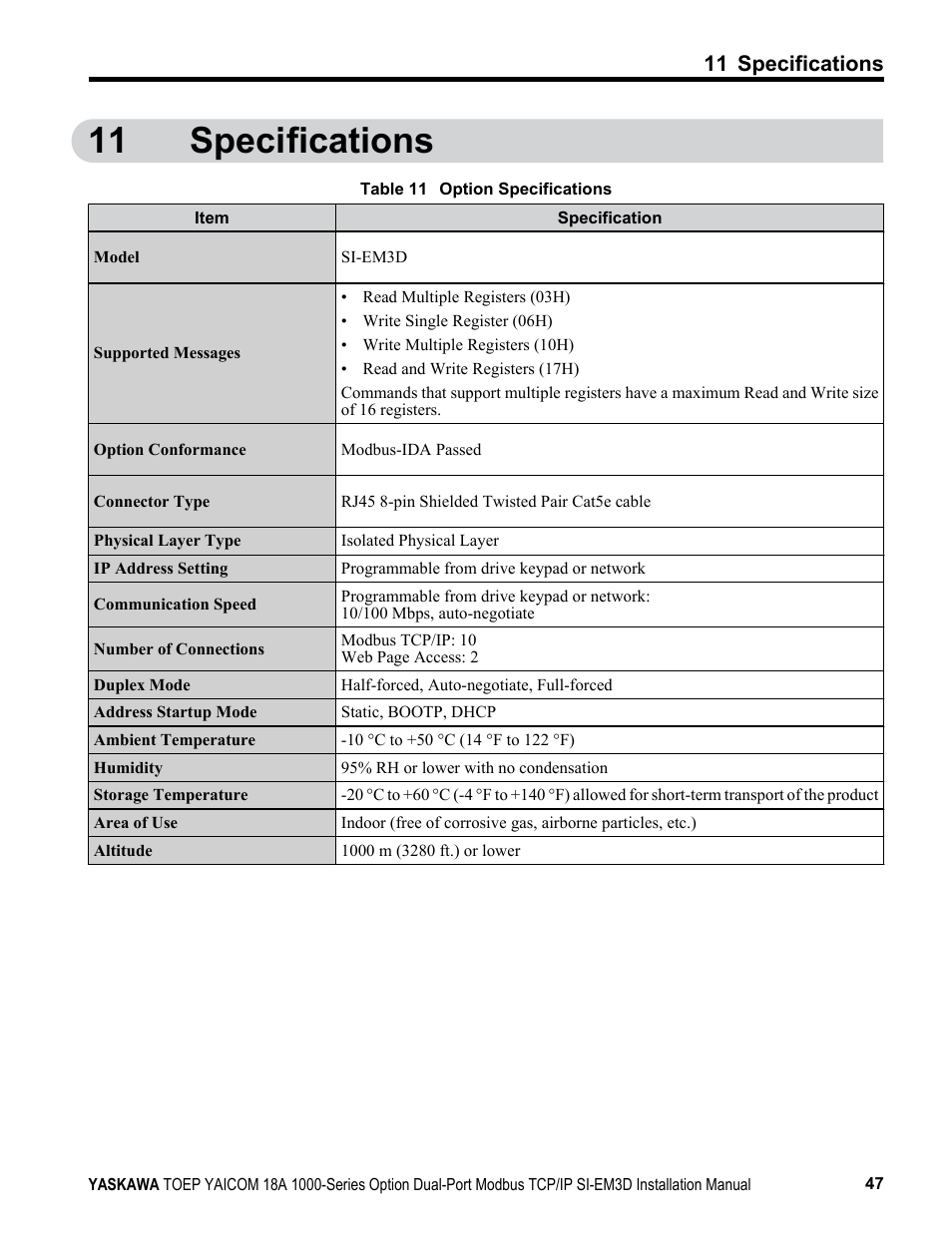 Specifications, 11 specifications | Yaskawa Modbus TCP/IP SI-EM3D User Manual | Page 47 / 52