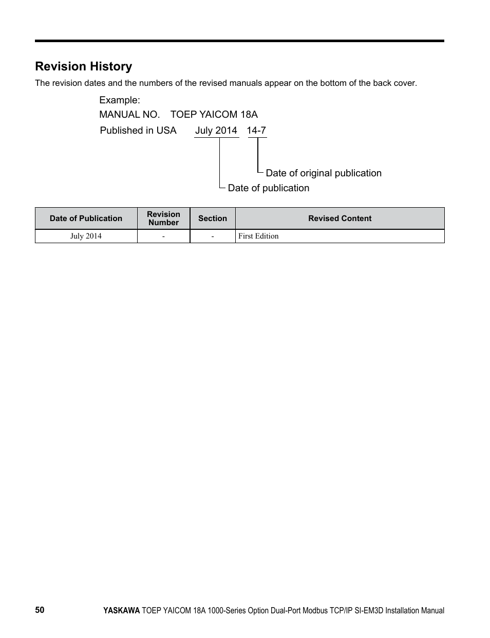 Revision history | Yaskawa Modbus TCP/IP SI-EM3D User Manual | Page 50 / 52