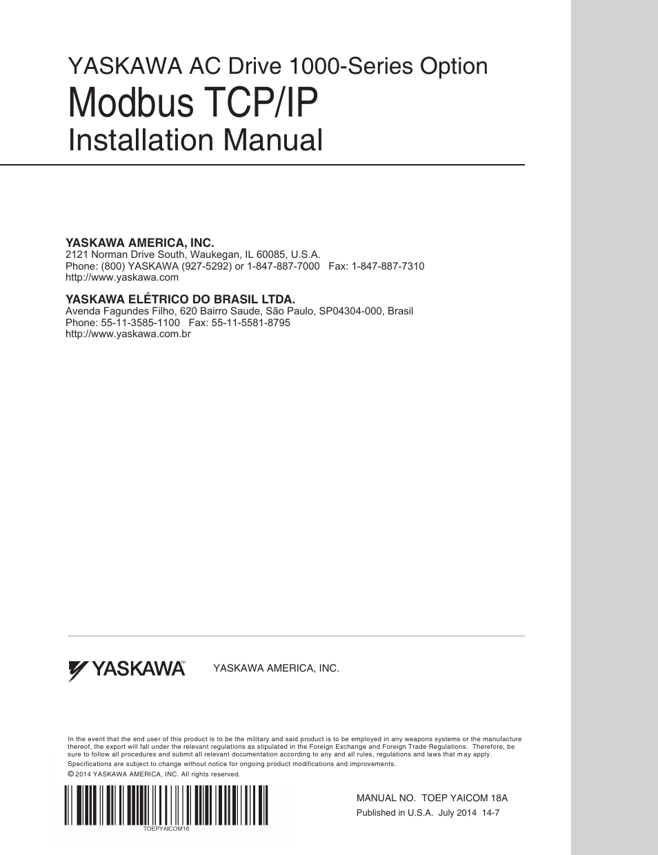 Modbus tcp/ip, Installation manual, Yaskawa ac drive 1000-series option | Yaskawa Modbus TCP/IP SI-EM3D User Manual | Page 52 / 52