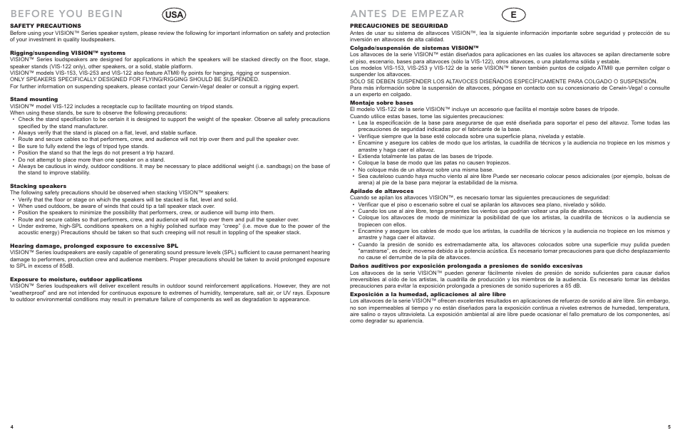 Before you begin, Antes de empezar, Usa e | Cerwin-Vega VIS-218 User Manual | Page 3 / 8